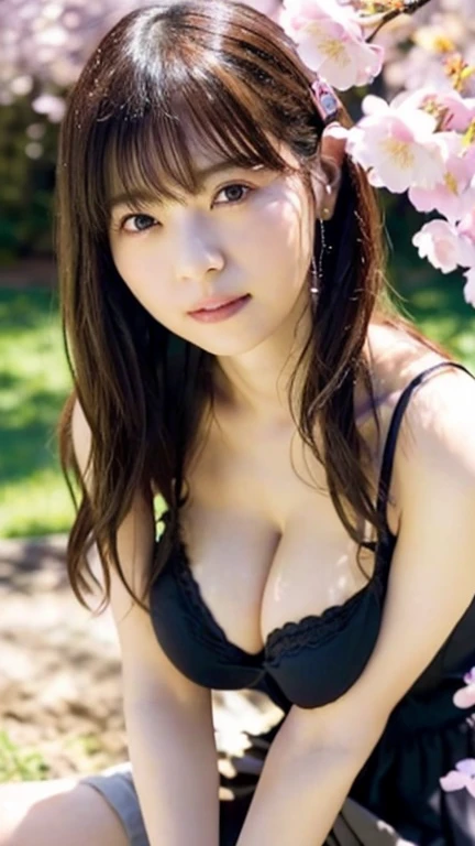(highest quality,masterpiece:1.3,Ultra-high resolution),(Very detailed,Caustics,8k),(Realistic:1.4,RAW shooting),1 girl,Sit on the grass,(Holding a can of beer in your hand),(smile),(blush),(Watery eyes),Looking into the camera,Age 25,cute,Japanese,Wavy long hair、,(camisole),Micro Mini Skirt,glamorous,(Huge Breasts、Saggy breasts、Deep cleavage),(breast focus),(close up of breasts)、darkness,Cherry tree,Illuminated night cherry blossoms,Professional Writing,(Waist up shot),(Low position),(Low Angle)、Her face is perfect, Nanase Nishino