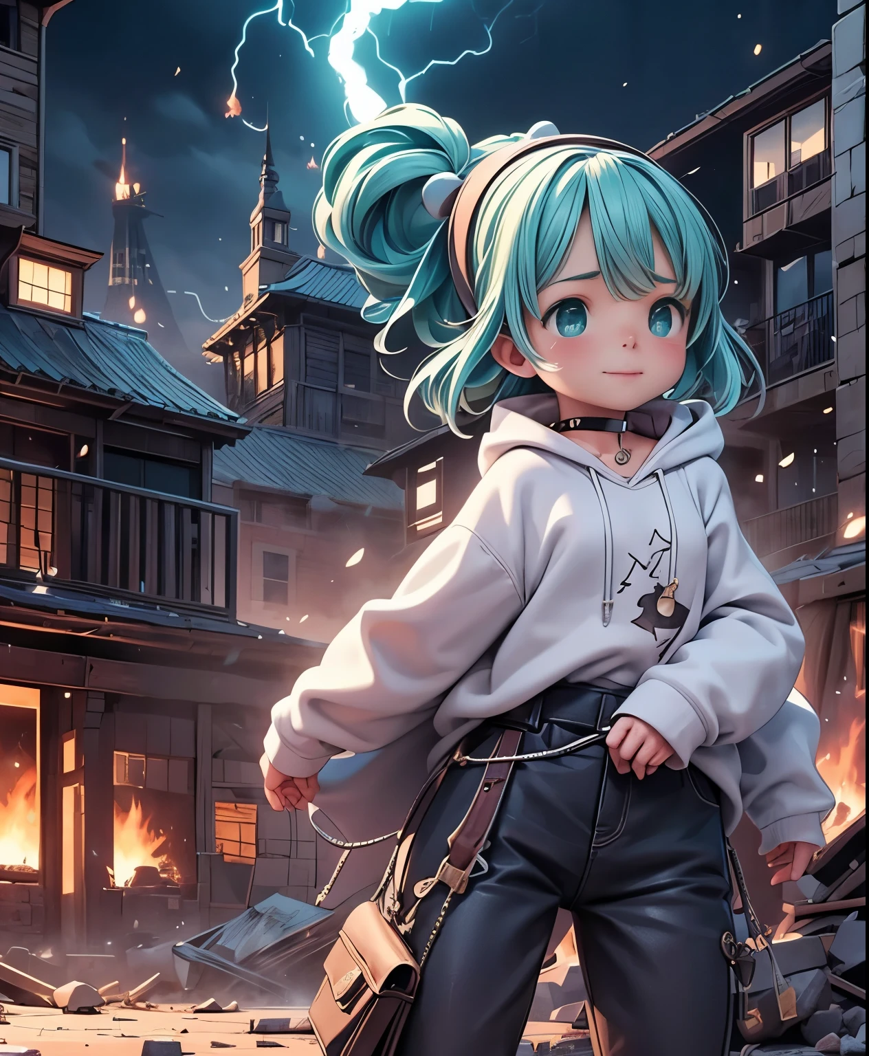 (masterpiece、highest quality、highest quality、Official Art、Beautiful and beautiful:1.2)、(One girl:1.3)Hatsune Miku、Twin tails,Big Breasts,(highest quality、High resolution、8k、masterpiece:1.2)。Curvaceous yet slender、Muchimuchi Body、Grinning female wizard、Destroy battered ancient city buildings。Women wield magical powers。With magic emanating from the right hand、建物and道路、Racing Car、Next bridge々And then it collapsed、Burning debris scattered around。Rubble and pebbles floating up、A yellow aura covers the whole body。Its power is overwhelming、同時に美しさand調和している。Depict the moment when she is destroying a building with magic。Half-undressed hoodie、With accessorieole、Eyebrow、ponytail、Muscular鼻、Vivid and detailed green eyes、Redhead、Short-haired、choker、Thick lips、Physical Beauty、Muscular、Raise your bangs with a headband、amount、Mysterious Fashion、Street fashion、Anime Style、And soul、Scene of the Great Fire、oversized pants、unrealistic、Dynamic depiction、white、Fashion in white tones、Vandalism、Rebellion、and、Dilapidated Building、fire、fire事故、tornado、Hair covering one eye、A pose you absolutely must win、A deep background、Carrying a sword、Fire Magic、Wizard Equipment、light equipment、necklace、bracelet sangha、Espadrilles、thunder、lightning、Colorful background、手の中のthunder、