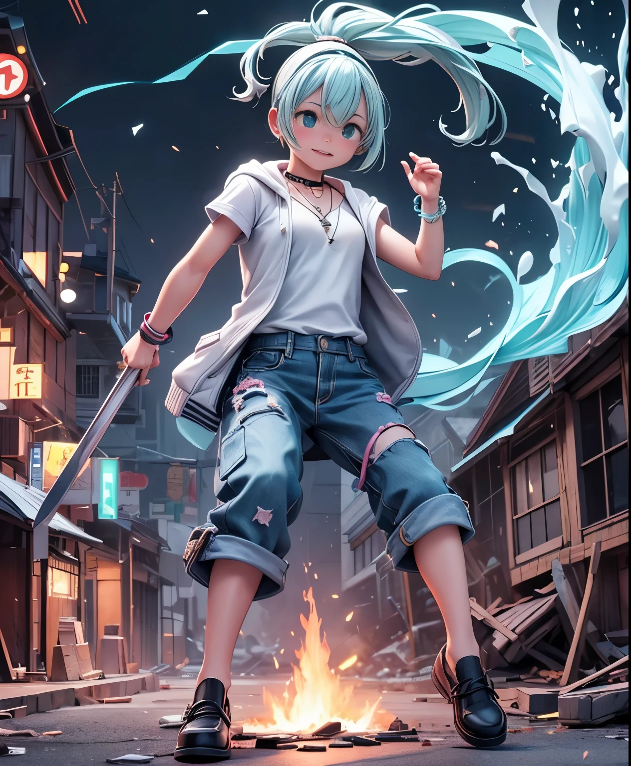 (masterpiece、highest quality、highest quality、Official Art、Beautiful and beautiful:1.2)、(One girl:1.3)Hatsune Miku、Twin tails,Big Breasts,(highest quality、High resolution、8k、masterpiece:1.2)。Curvaceous yet slender、Muchimuchi Body、Grinning female wizard、Destroy battered ancient city buildings。Women wield magical powers。With magic emanating from the right hand、建物and道路、Racing Car、Next bridge々And then it collapsed、Burning debris scattered around。Rubble and pebbles floating up、A yellow aura covers the whole body。Its power is overwhelming、同時に美しさand調和している。Depict the moment when she is destroying a building with magic。Half-undressed hoodie、With accessorieole、Eyebrow、ponytail、Muscular鼻、Vivid and detailed green eyes、Redhead、Short-haired、choker、Thick lips、Physical Beauty、Muscular、Raise your bangs with a headband、amount、Mysterious Fashion、Street fashion、Anime Style、And soul、Scene of the Great Fire、oversized pants、unrealistic、Dynamic depiction、white、Fashion in white tones、Vandalism、Rebellion、and、Dilapidated Building、fire、fire事故、tornado、Hair covering one eye、A pose you absolutely must win、A deep background、Carrying a sword、Fire Magic、Wizard Equipment、light equipment、necklace、bracelet sangha、Espadrilles、thunder、lightning、Colorful background、手の中のthunder、