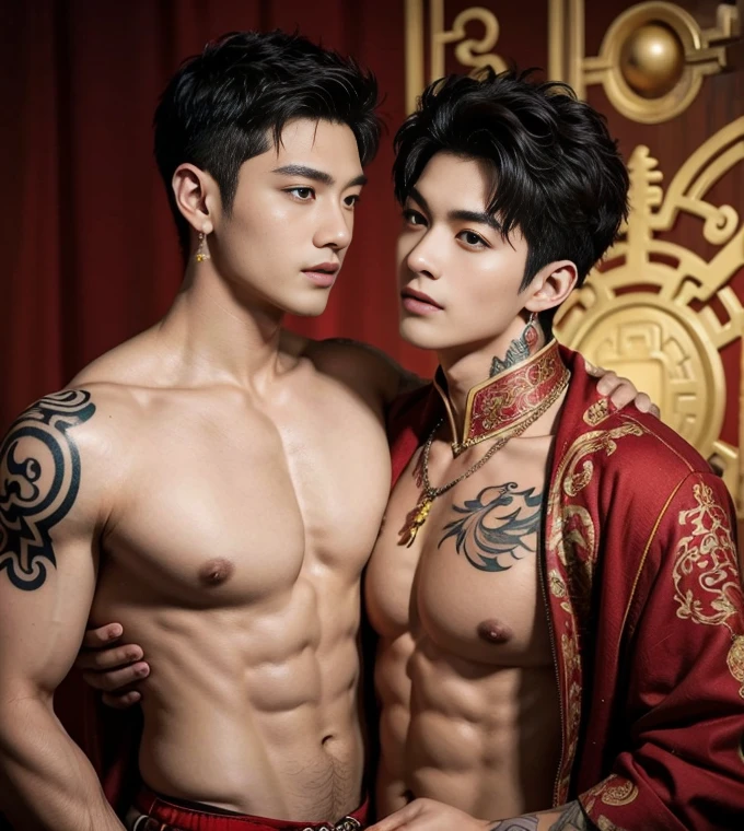 ( safe for work),Two handsome boys kissing, smiling at each other,hugging, kissing, touching lips, cuddle, romantic,skin ship, Chinese Men God, Mythology, realistic, Chinese odyssy, super Handsome,manly, kpop idol, handsome korean actor, 20 years old,, detailed face, manly jawline, detailed mess curly styling hair, Topless, Muscles, big breast Athlete body, Full Frame,full body shoots, realistic, human skin, tattoo breast, Professional studio Lighting, long red tibet wedding Outfit, jade and golden pendent all over , detailed jewery in dress, earings,Chinese ancient wedding Background,out door, super detailed background,look at camera , open mouth, thin Underneathe Underwear, tibet Warrior, Hanfu red wedding dress, tibet Male, tibet Nobel, Seduce , bare chest , tattoo chest, tattoo arms, tattoo hands, tattoo back, tattoo legs , tattoo belly, big juicy butts, 