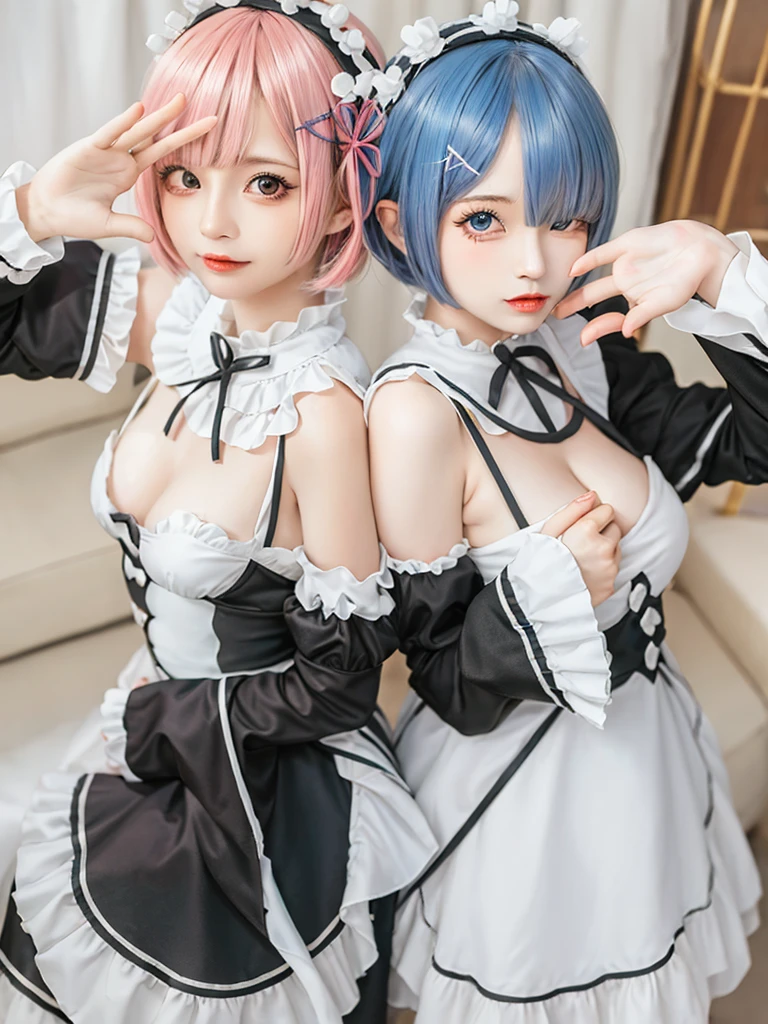 (8K, Photorealistic, Raw photo, of the highest quality: 1.3), (1girl in), Super beautiful, (Realistic face), (boyish, light blue Color Berry Shorthair),(8K, Photorealistic, Raw photo, of the highest quality: 1.3), (1girl in), Super beautiful, (Realistic face), (boyish, pink Color Berry Shorthair), Beautiful , Glare that captivates the viewer, Beautiful expression, Beautiful breasts, (Realistic skin), Be...Create a detailed and colorful image of Ram and Rem from Re:Zero, standing back-to-back in their maid outfits, with a magical fantasy background、14years old, two girls,cute, perfect face, beautiful, nice body, gothic lolita clothes, gothic lolita fashion, frilly skirt, headdress, necklace, bracelet, knee-high socks, boots, double eyelids, tear bags, Detailed down to the fingers, photo-like description, indoors, dim indoor lighting, one girl is pink hair and short bob, another girl is light blue hair and short bob,standing, whole body, composition that shows the whole body, smiling,The Both of them are wearing the same type of maid outfit