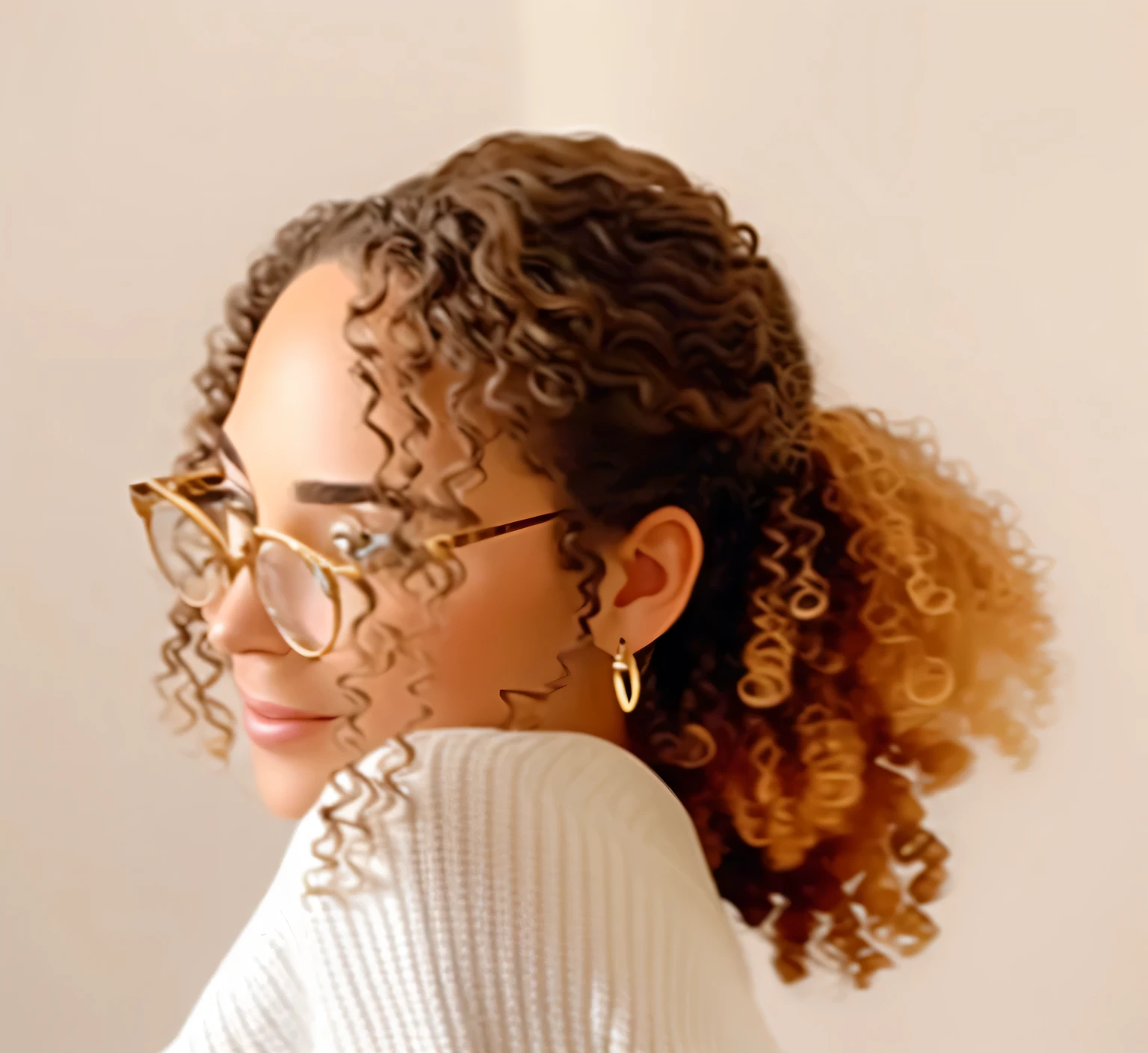 a beautiful woman with curly hair, she is wearing beautiful round glasses and a gold hoop earring, she is very happy, the picture is very detailed