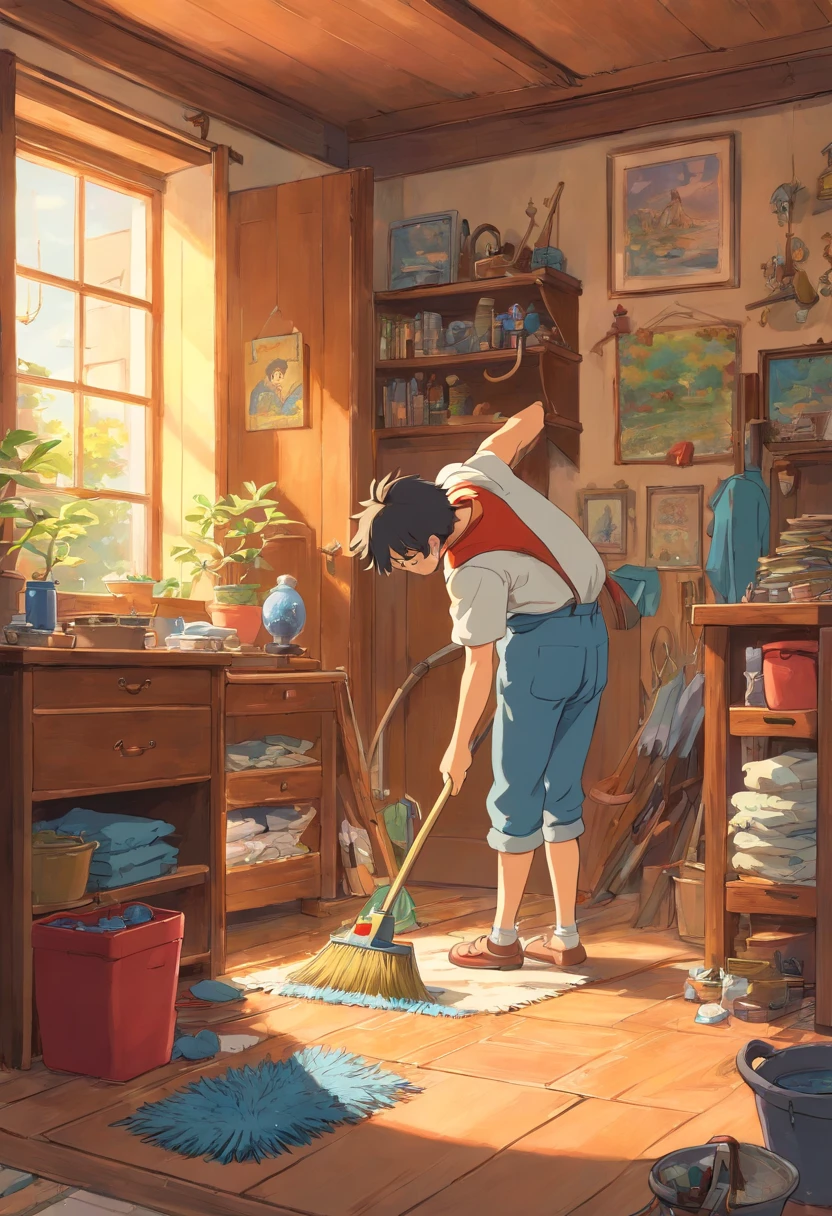The same boy cleaning his room