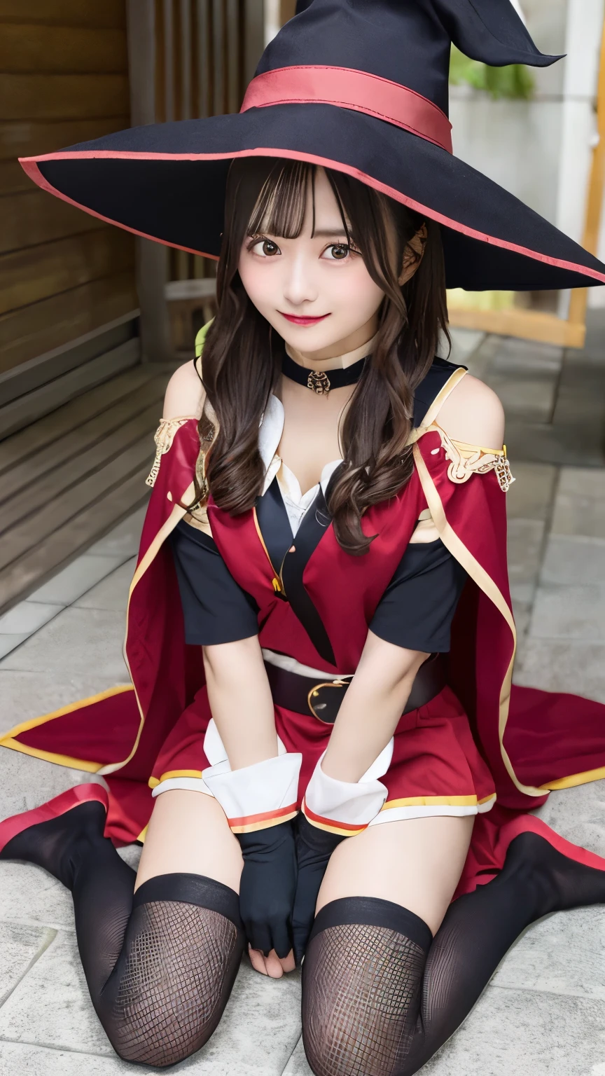 megumin, 1girl, solo, portrait, smile, confident, uneven legwear witch hat, choker, gloves, belt, red dress, cape, perfect quality, good quality, masterpiece, HDR, UHD 、bed ,wariza ,blush,　Japanese、Primary school students