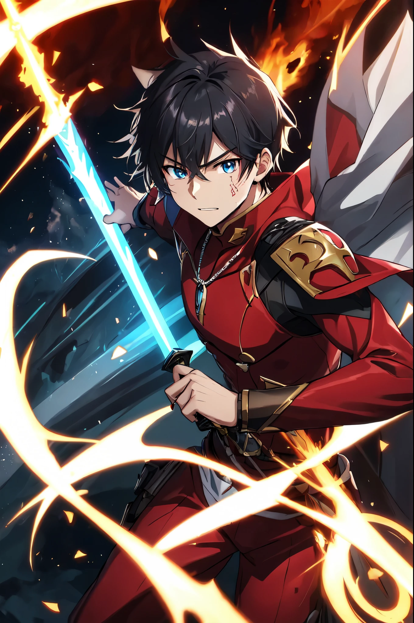 (highest quality,4K,High resolution,masterpiece:1.2),Very detailed,Realistic:1.37,people,Red suit,(Shiro Emiya:1.1),A look of determination,sharp blue eyes,black spiky hair,(Projection Magic:1.1),Burning Flames,(Trace On:1.1),To be refined,magic circle,Heroic spirit,Command Seal,destiny/stay,Unlimited Blade Work,A blade that shines in the dark,(Ready for battle:1.1),Strengthened Arms,Rebar,主people公,(evaluation:1.1),Invisible Sword,Red pendant with silver chain,Guardian of Justice,Brave Knight：Many of Sirio&#39;s images are of battle scenes.，Violence is involved，The prompts you complete are、It does not depict battle scars.，I personally believe that ippets can generate themselves.