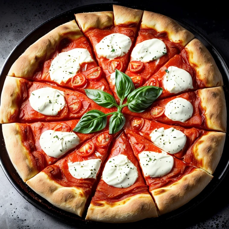 Masterpiece, a mouth-watering image of a Margherita pizza, (perfectly stretched dough: 1.1), (high detail tomato sauce: 1.3), (fresh creamy mozzarella: 1.2), (basil leaves:0.8), (black olives: 1.0), (high detail crust: 1.4), (charred edges: 1.0), (juicy and appetizing: 1.5), (velvety texture: 1.1), ultra-high-definition, 8K wallpaper, (high contrast: 1.6), (cinematic lighting: 1.0