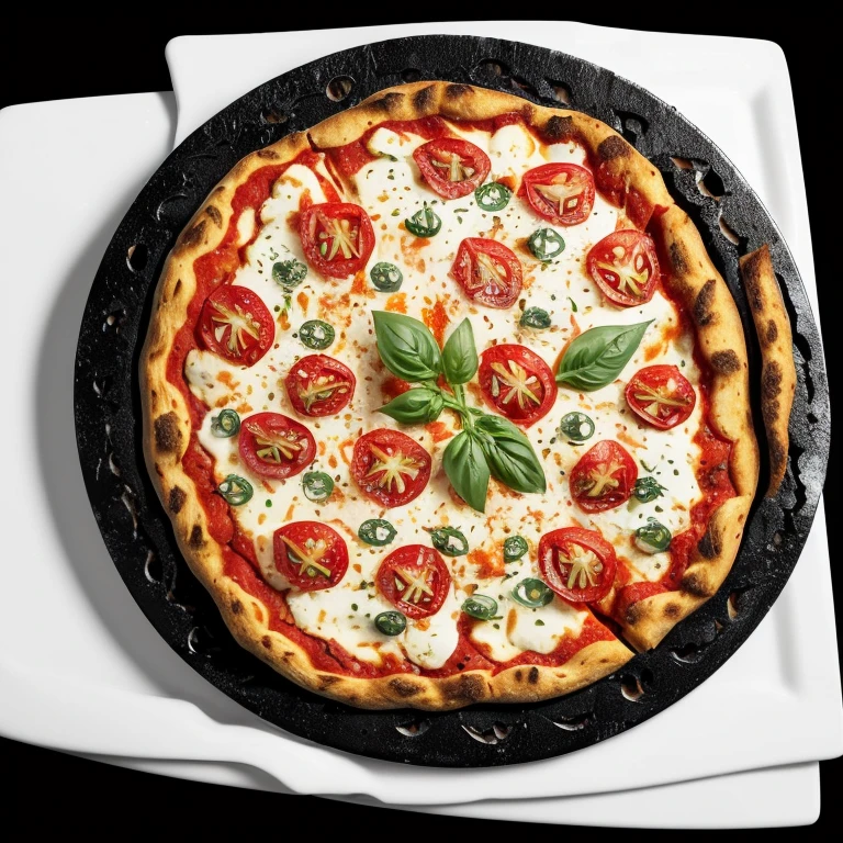 Masterpiece, a mouth-watering image of a Margherita pizza, (perfectly stretched dough: 1.1), (high detail tomato sauce: 1.3), (fresh creamy mozzarella: 1.2), (basil leaves:0.8), (black olives: 1.0), (high detail crust: 1.4), (charred edges: 1.0), (juicy and appetizing: 1.5), (velvety texture: 1.1), ultra-high-definition, 8K wallpaper, (high contrast: 1.6), (cinematic lighting: 1.0