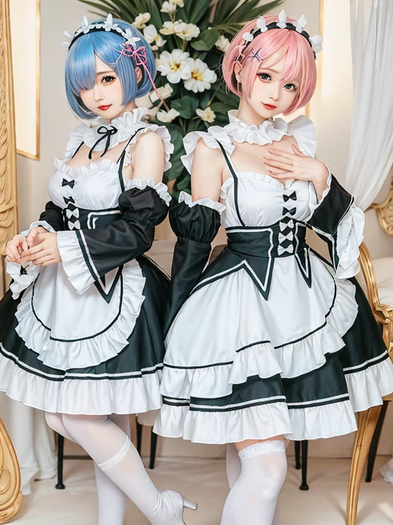 (8K, Photorealistic, Raw photo, of the highest quality: 1.3), (1girl in), Super beautiful, (Realistic face), (boyish, light blue Color Berry Shorthair),(8K, Photorealistic, Raw photo, of the highest quality: 1.3), (1girl in), Super beautiful, (Realistic face), (boyish, pink Color Berry Shorthair), Beautiful , Glare that captivates the viewer, Beautiful expression, Beautiful breasts, (Realistic skin), Be...Create a detailed and colorful image of Ram and Rem from Re:Zero, standing back-to-back in their maid outfits, with a magical fantasy background、14years old, two girls,cute, perfect face, beautiful, nice body, gothic lolita clothes, gothic lolita fashion, frilly skirt, headdress, necklace, bracelet, knee-high socks, boots, double eyelids, tear bags, Detailed down to the fingers, photo-like description, indoors, dim indoor lighting, one girl is pink hair and short bob, another girl is light blue hair and short bob,standing, whole body, composition that shows the whole body, smiling,The Both of them are wearing the same type of maid outfit