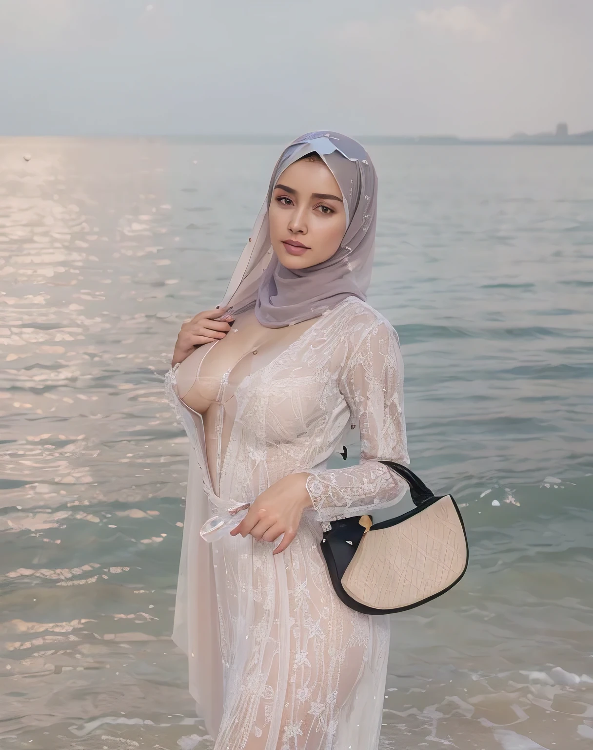 ((best quality)) ((masterpiece)), intricate detail, ((almost )), sharp focus, professional, realistic, real life, hyperreal, photorealistic, fine detail, best quality, very Detailed CG unity 8k, see through dress, nfsw, transparent dress, big breasts, showing tight,naked, wearing hijab 