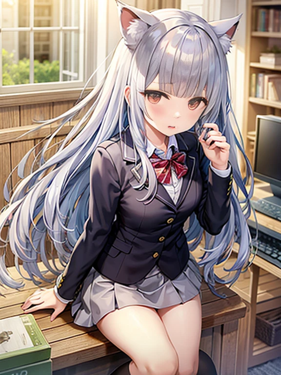 Cat-eared girl, Pull up your white mini skirt,blazer,Black knee socks,Silver Hair,