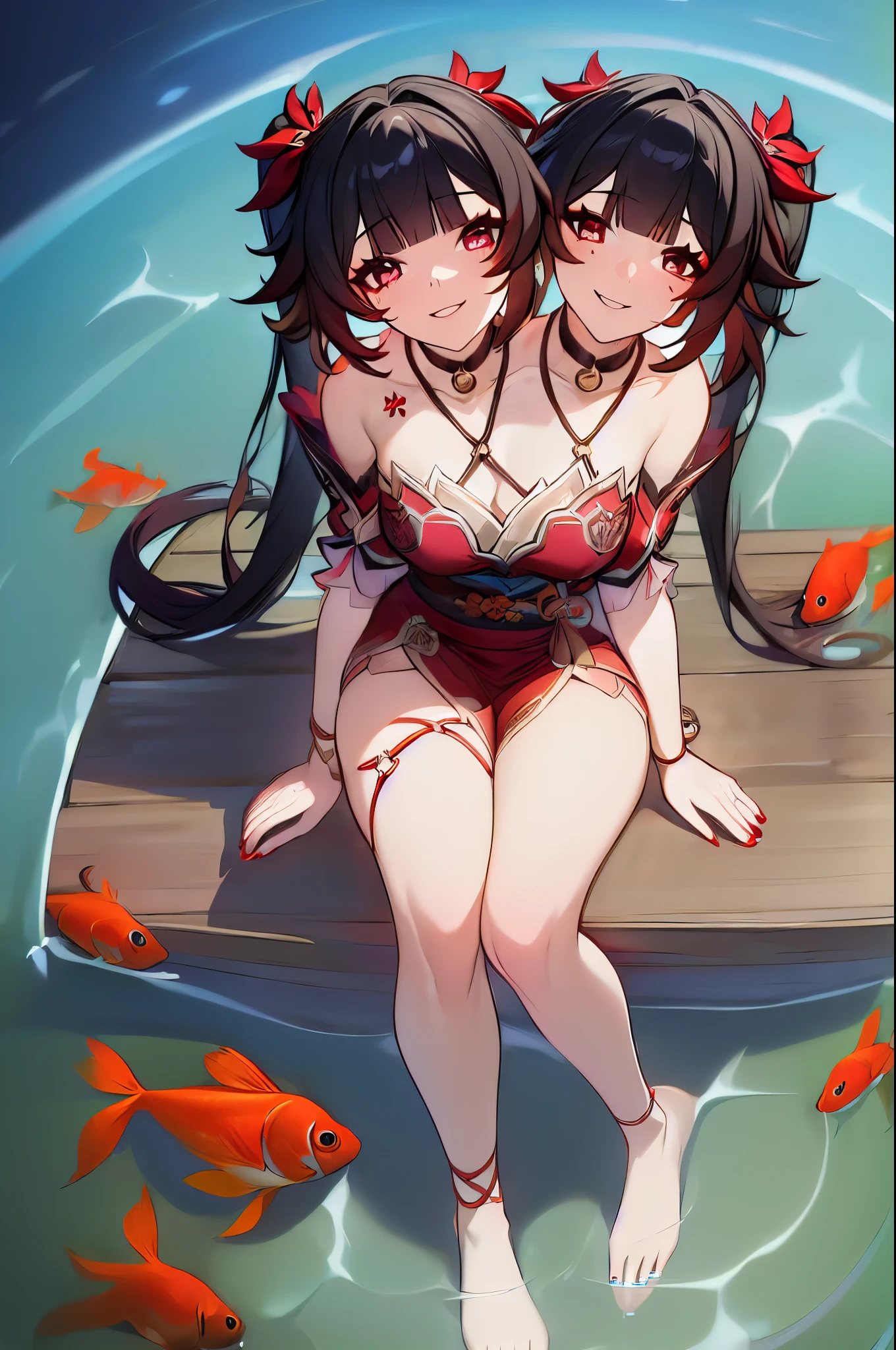 (2heads:1.5), 4k, 8k, absurdres, ((masterpiece,best quality)), 1girl, sparklehsr, sitting in water, bracelet, thigh strap, barefoot, knee up, smile, goldfish, red nails