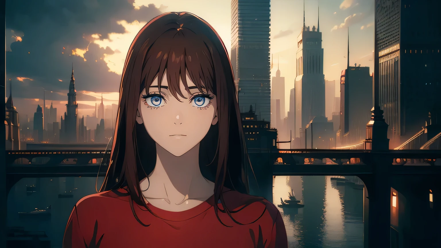 ((((masterpiece, highest quality, Ultra-high resolution)))), 1 girl, Are standing, (loose fitting red t-shirt, loose blue shorts), Long back hair, Long black hair, Pale skin, ((shining brown eyes)), ((ultra Beautiful Eyes:1, Beautiful and dense face, Beautiful Eyes:0.5)), Hollow Eyes, smile, (((Realistic cityscape)))
