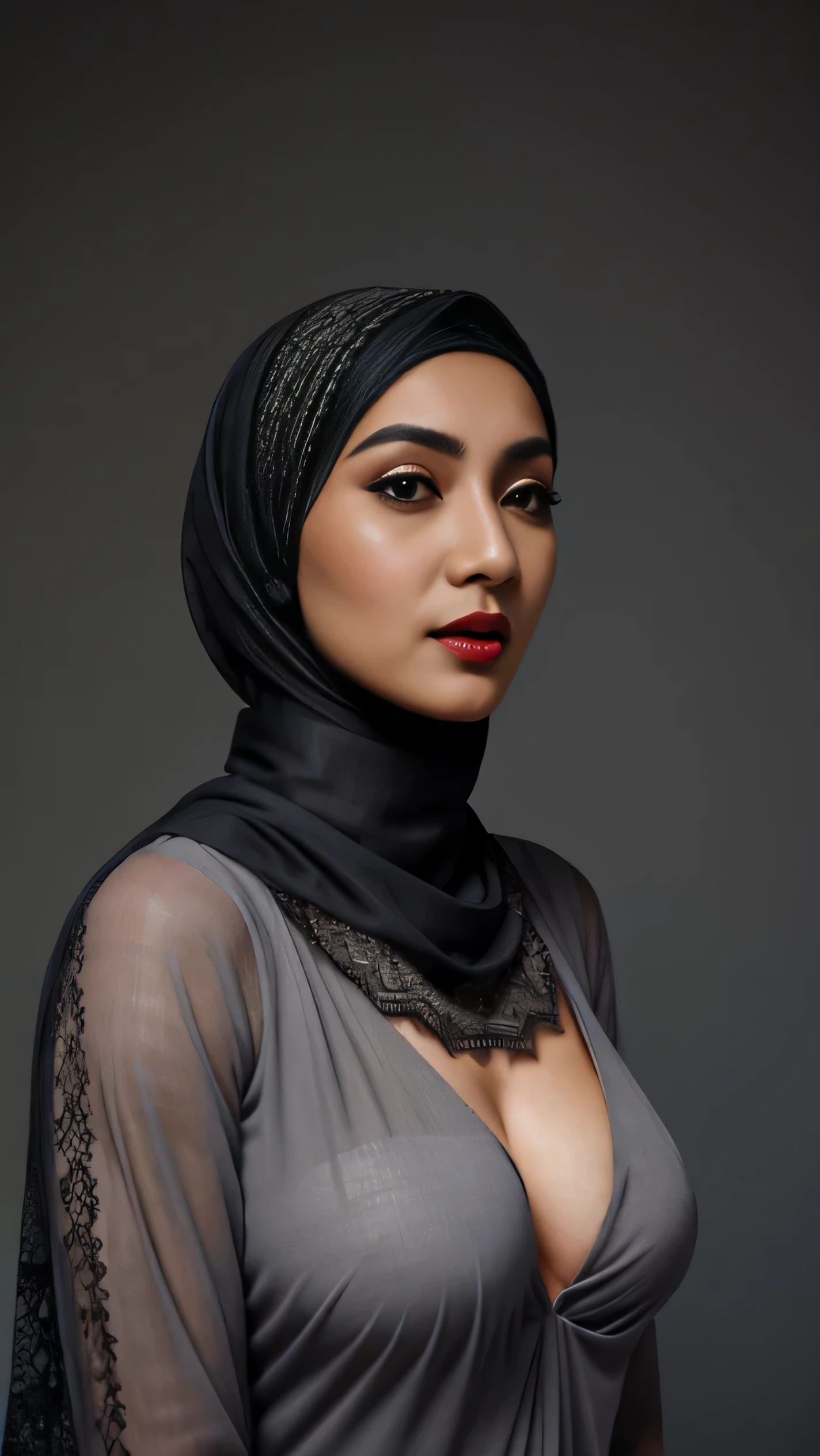 Tirkish 24 year old woman, lace hijab,, good shape of medium breasts, grey background. symmetric, wearing kebaya, no hair exposed, pashmina, 4k, 85mm lens, facing front, red lips