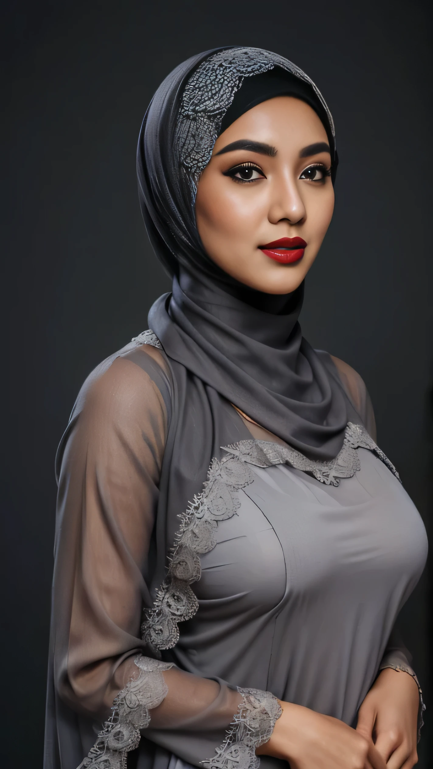 Tirkish 24 year old woman, lace hijab,, good shape of medium breasts, grey background. symmetric, wearing kebaya, no hair exposed, pashmina, 4k, 85mm lens, facing front, red lips