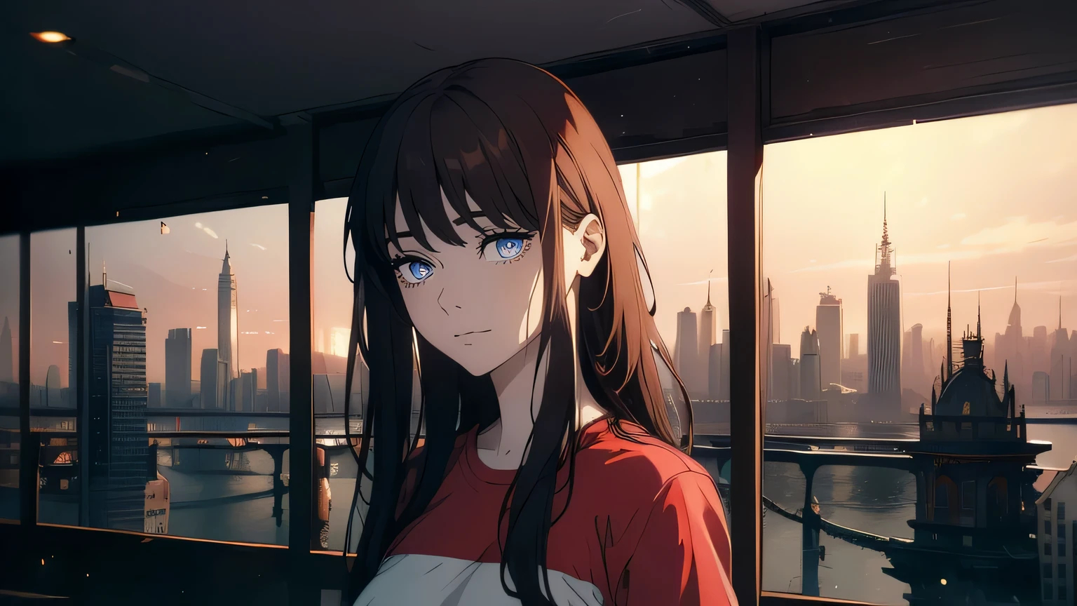 ((((masterpiece, highest quality, Ultra-high resolution)))), 1 girl, Are standing, (loose fitting red t-shirt, loose blue shorts), Long back hair, Long black hair, Pale skin, ((shining brown eyes)), ((ultra Beautiful Eyes:1, Beautiful and dense face, Beautiful Eyes:0.5)), Hollow Eyes, smile, (((Realistic cityscape)))