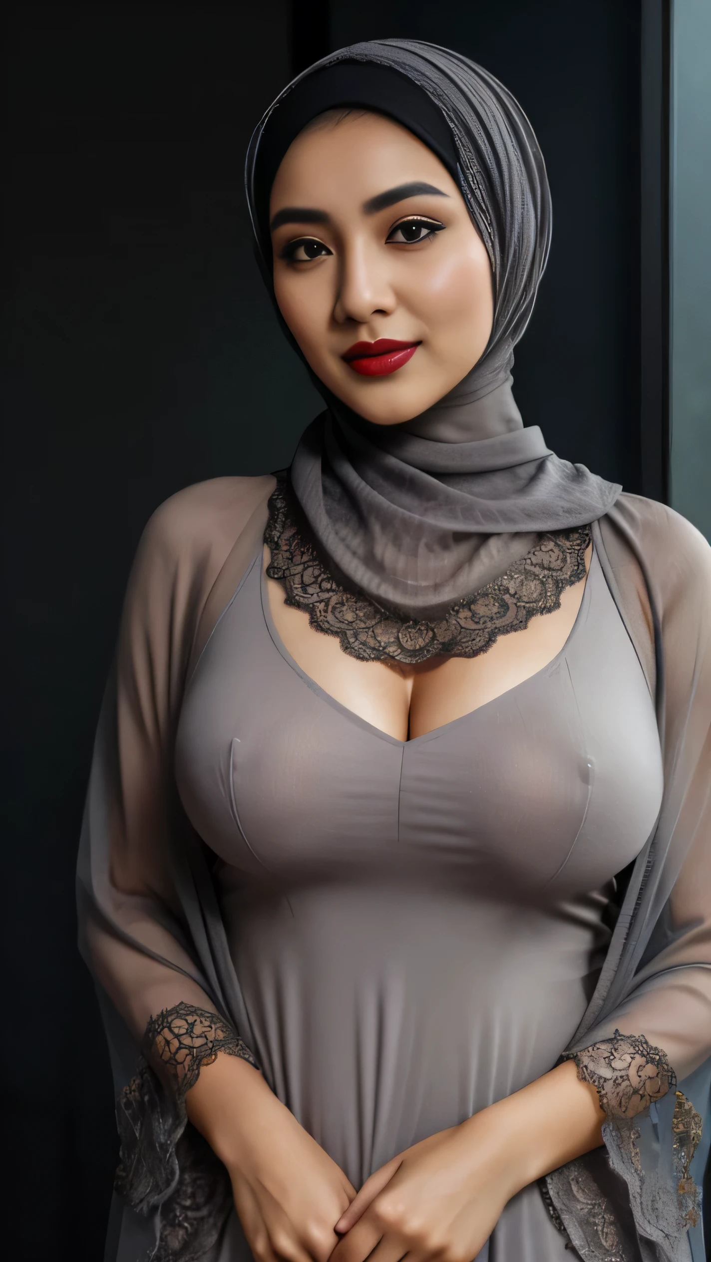 Tirkish 24 year old woman, lace hijab,, good shape of medium breasts, grey background. symmetric, wearing kebaya, no hair exposed, pashmina, 4k, 85mm lens, facing front, red lips