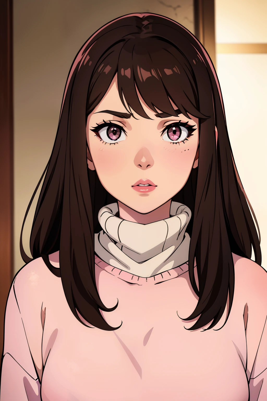 Girl, long brown hair, gray eyes, sharp features, white skin, pink lips, sweater