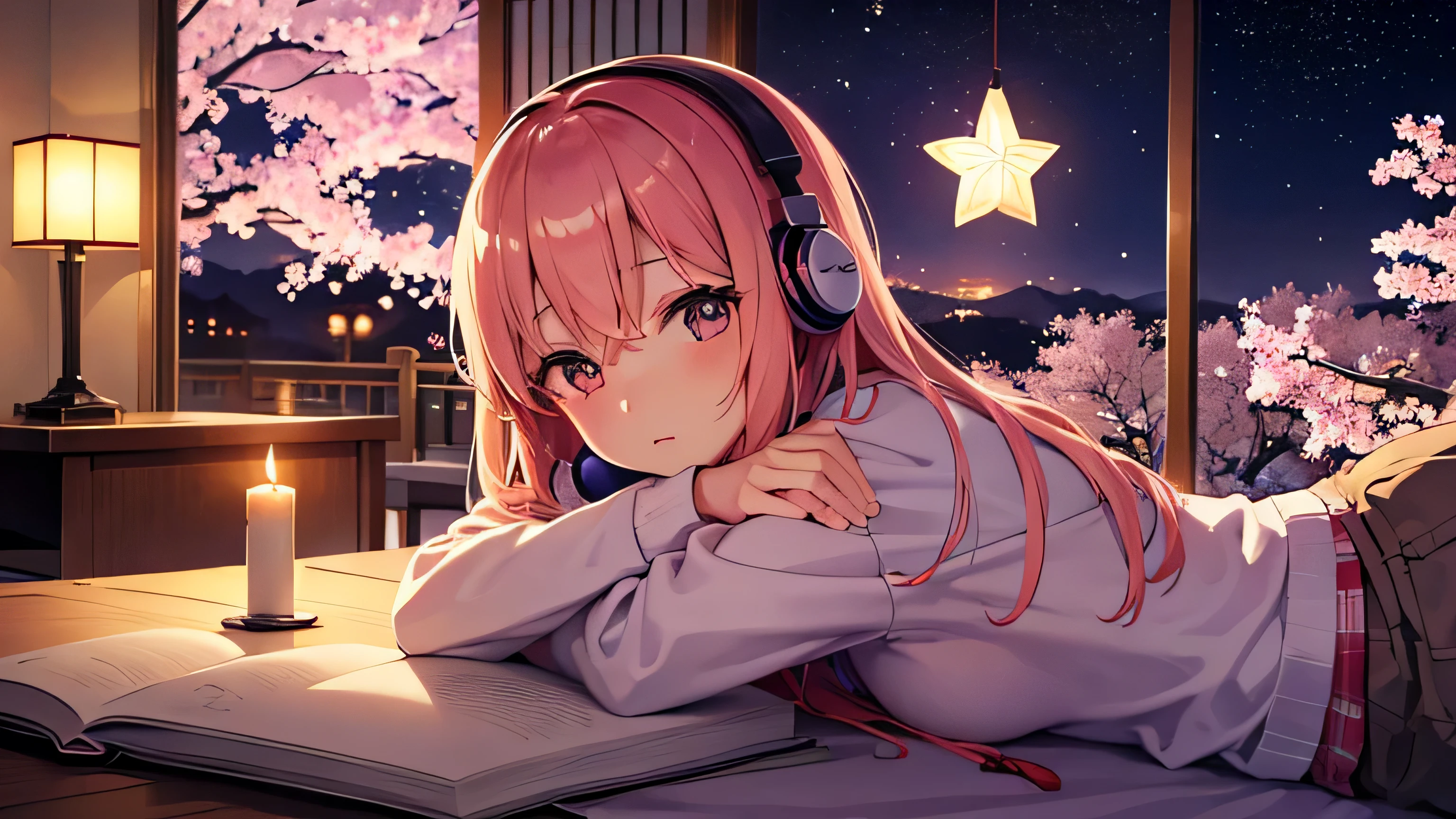 Japanese anime style、Candle lit room、Have hot cocoa、listening to music with headphones、A girl looking at the cherry blossoms and stars from the window