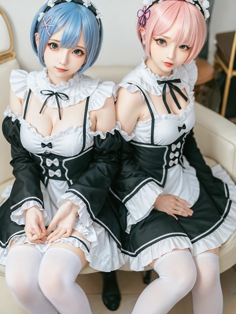 (8K, Photorealistic, Raw photo, of the highest quality: 1.3), (1girl in), Super beautiful, (Realistic face), (boyish, light blue Color Berry Shorthair),(8K, Photorealistic, Raw photo, of the highest quality: 1.3), (1girl in), Super beautiful, (Realistic face), (boyish, pink Color Berry Shorthair), Beautiful , Glare that captivates the viewer, Beautiful expression, Beautiful breasts, (Realistic skin), Be...Create a detailed and colorful image of Ram and Rem from Re:Zero, standing back-to-back in their maid outfits, with a magical fantasy background、14years old, two girls,cute, perfect face, beautiful, nice body, gothic lolita clothes, gothic lolita fashion, frilly skirt, headdress, necklace, bracelet, knee-high socks, boots, double eyelids, tear bags, Detailed down to the fingers, photo-like description, indoors, dim indoor lighting, one girl is pink hair and short bob, another girl is light blue hair and short bob,standing, whole body, composition that shows the whole body, smiling,The Both of them are wearing the same type of maid outfit