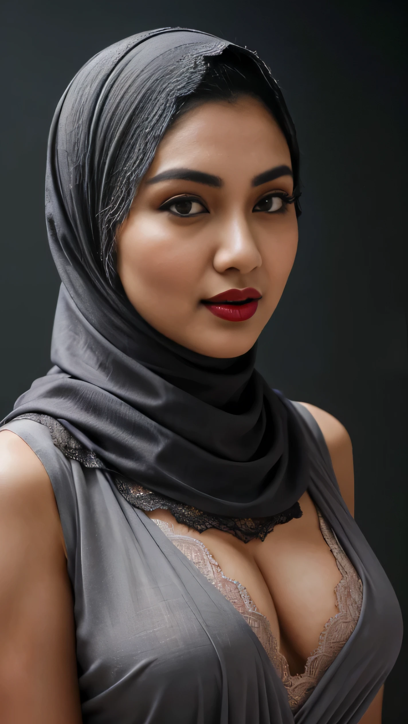 Tirkish 24 year old woman, lace hijab,, good shape of medium breasts, grey background. symmetric, wearing kebaya, no hair exposed, pashmina, 4k, 85mm lens, facing front, red lips