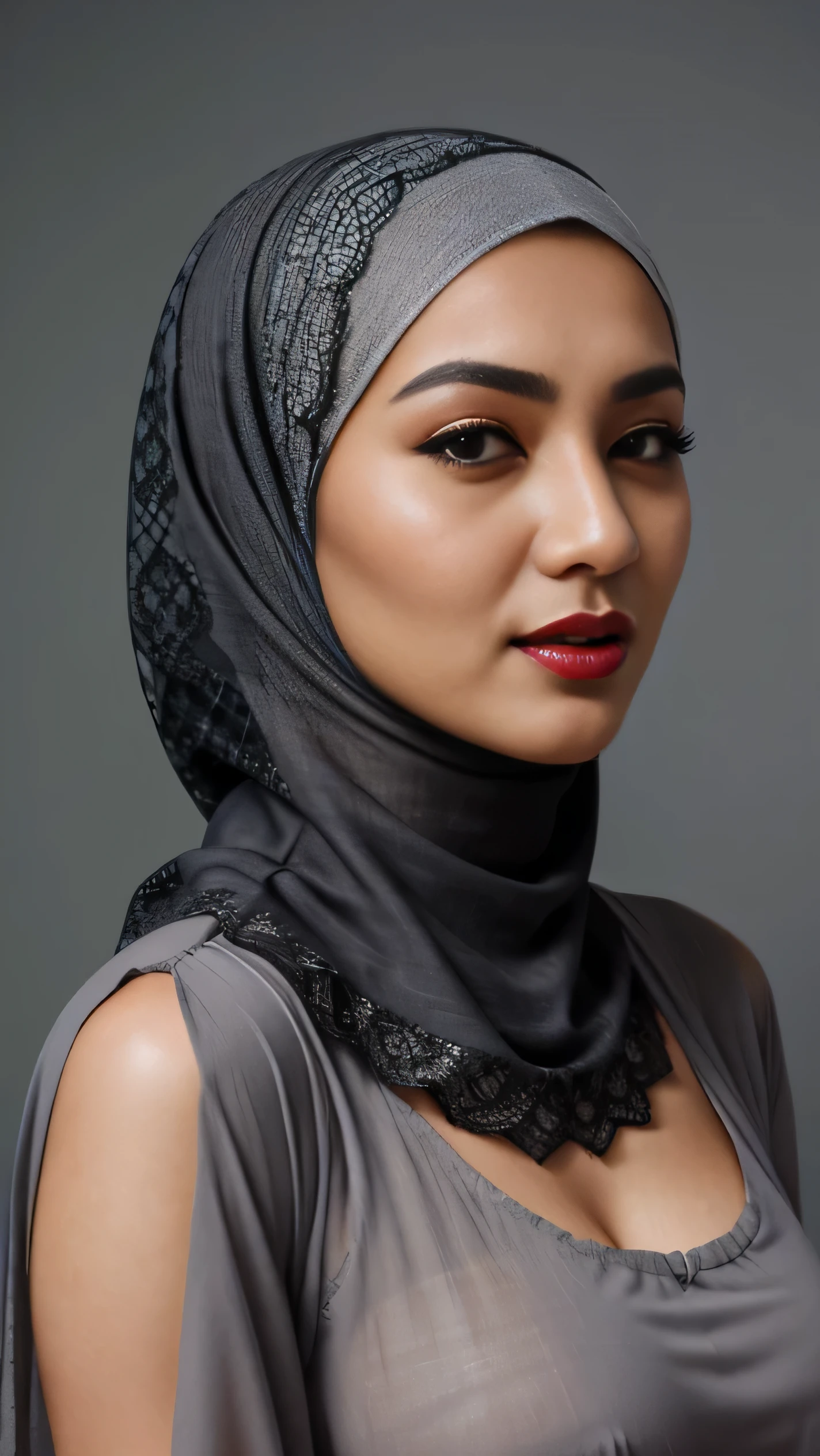 Tirkish 24 year old woman, lace hijab,, good shape of medium breasts, grey background. symmetric, wearing kebaya, no hair exposed, pashmina, 4k, 85mm lens, facing front, red lips
