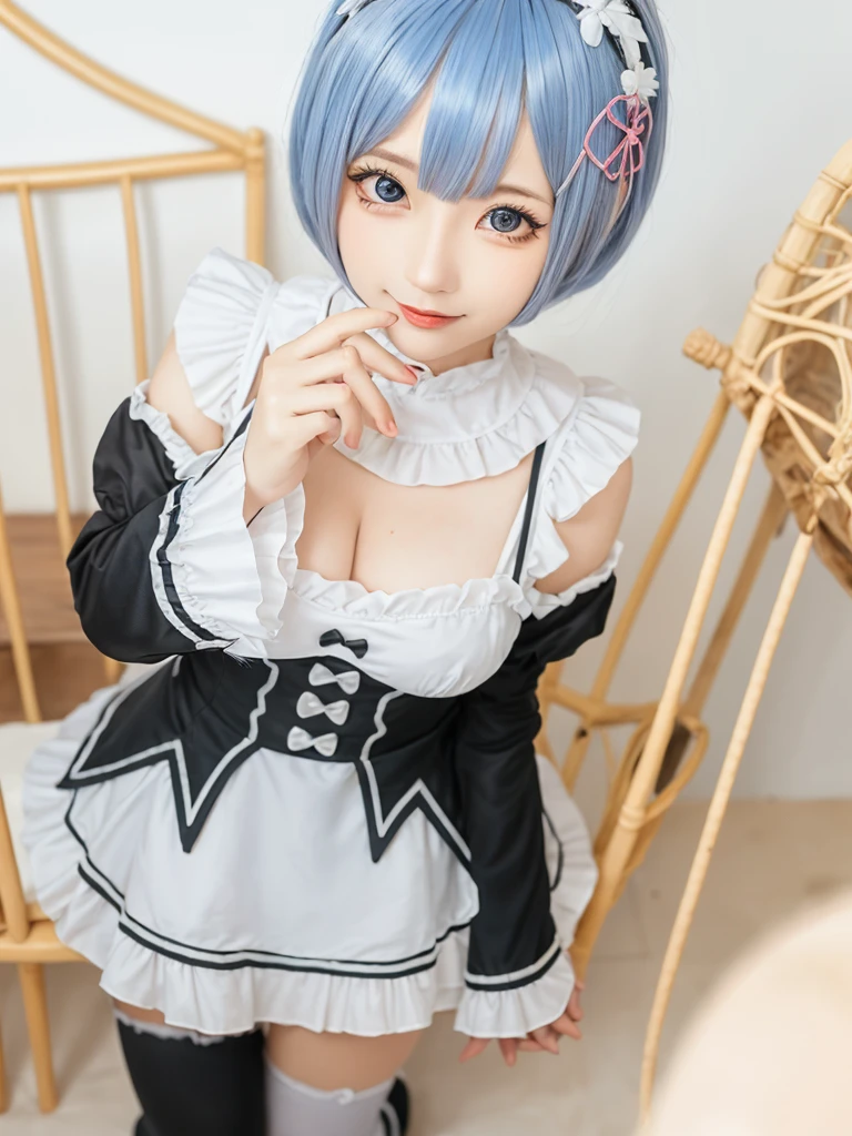 (8K, Photorealistic, Raw photo, of the highest quality: 1.3), (1girl in), Super beautiful, (Realistic face), (boyish, light blue Color Berry Shorthair),(8K, Photorealistic, Raw photo, of the highest quality: 1.3), (1girl in), Super beautiful, (Realistic face), (boyish, pink Color Berry Shorthair), Beautiful , Glare that captivates the viewer, Beautiful expression, Beautiful breasts, (Realistic skin), Be...Create a detailed and colorful image of Ram and Rem from Re:Zero, standing back-to-back in their maid outfits, with a magical fantasy background、14years old, two girls,cute, perfect face, beautiful, nice body, gothic lolita clothes, gothic lolita fashion, frilly skirt, headdress, necklace, bracelet, knee-high socks, boots, double eyelids, tear bags, Detailed down to the fingers, photo-like description, indoors, dim indoor lighting, one girl is pink hair and short bob, another girl is light blue hair and short bob,standing, whole body, composition that shows the whole body, smiling,The Both of them are wearing the same type of maid outfit