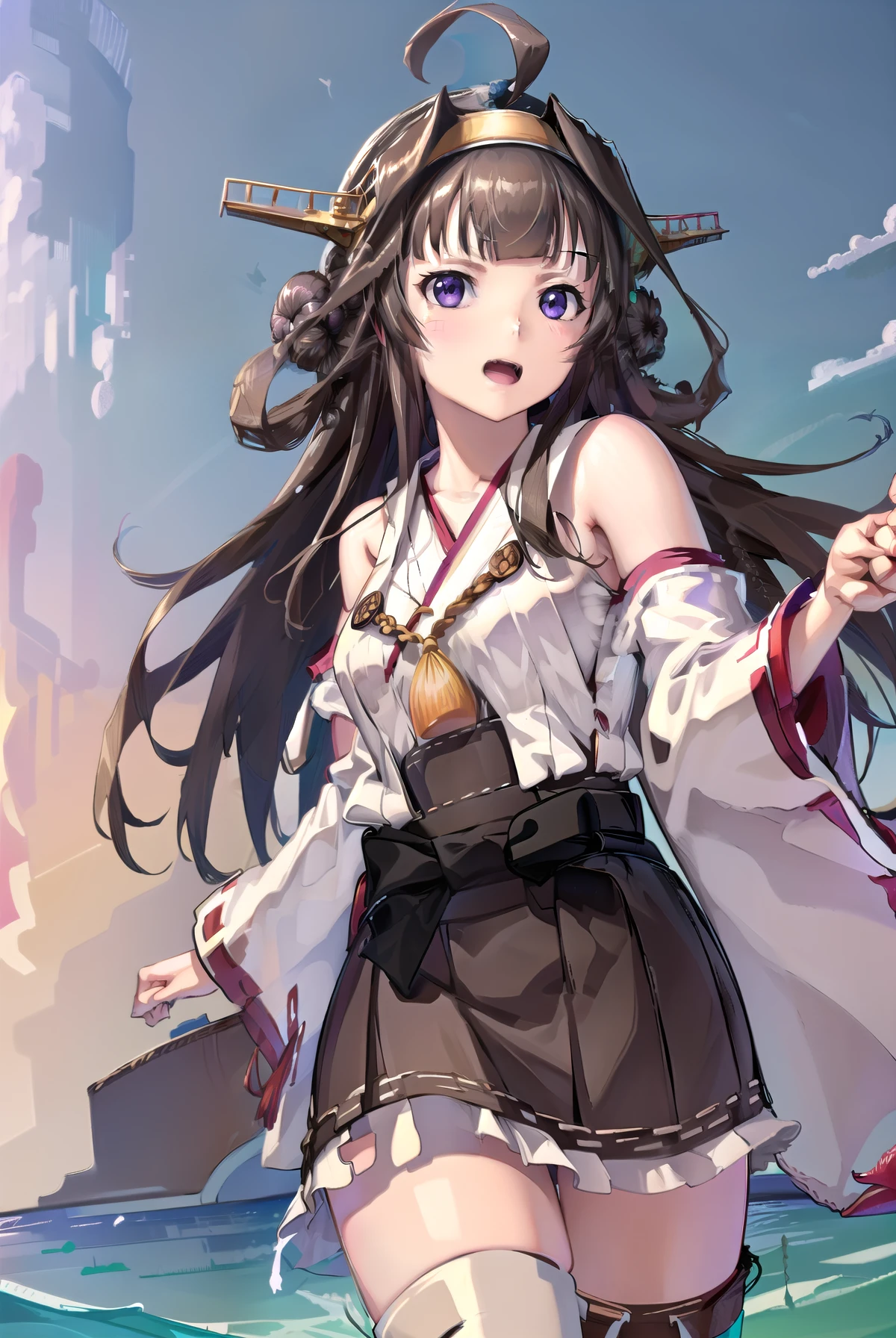 Ship Kongo, kongou, Ahoge, Brown Hair, Double good, Hair Bun, hair band, headgear, Long Hair, (Purple eyes:1.1), 
break boots, Removable sleeves, kimono, Non-traditional Shrine Maiden, Ribbon trim, Sleeves edged with ribbon, Thigh-high boots, Wide sleeves,
break looking at viewer, 
break outdoors, Beach,
break (masterpiece:1.2), highest quality, High resolution, unity 8k wallpaper, (shape:0.8), (Beautiful details:1.6), Highly detailed face, Perfect lighting, Extremely detailed CG, (Perfect hands, Perfect Anatomy),