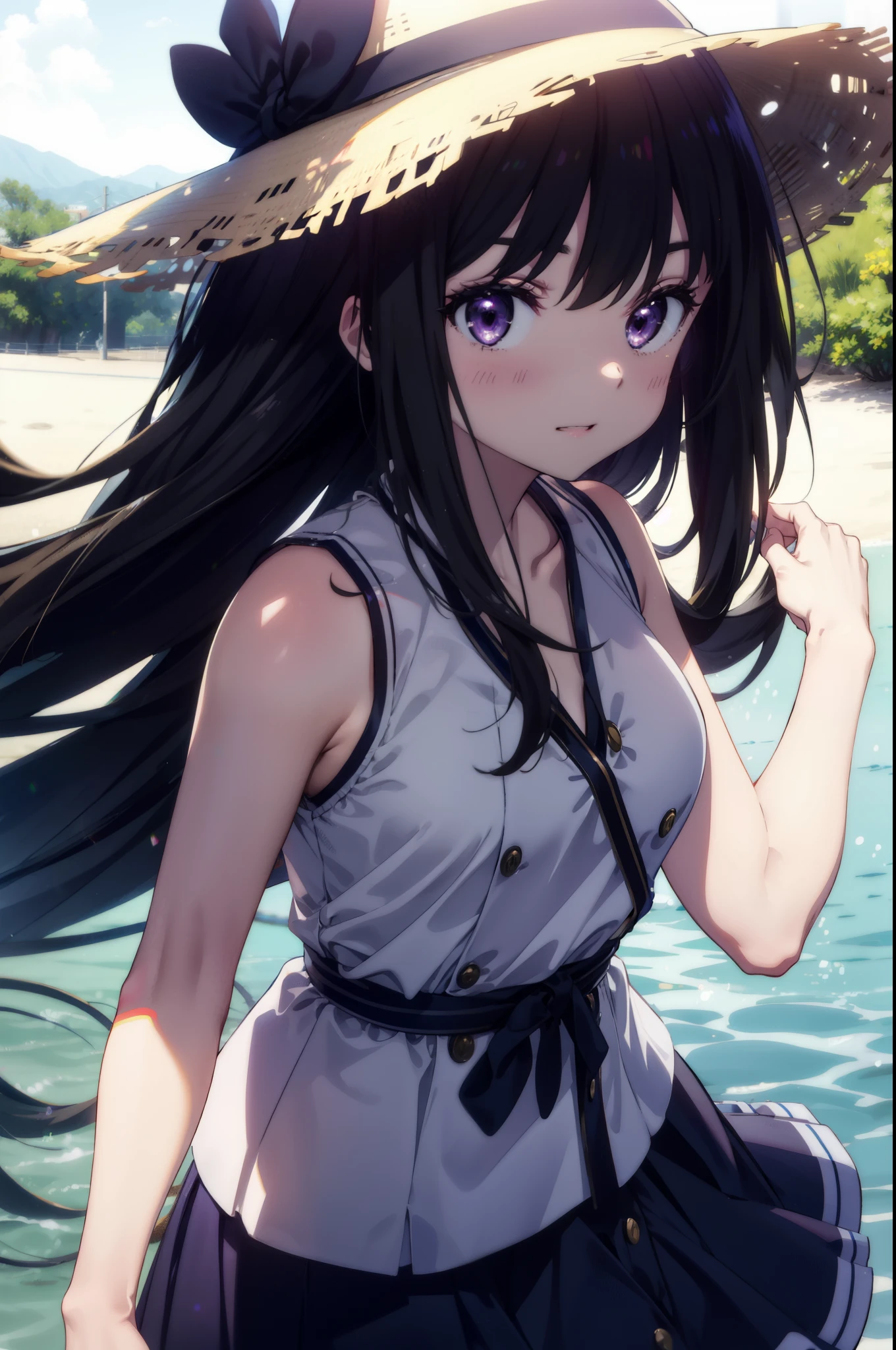 Takiuchi, Inoue Check, Long Hair, bangs, Black Hair, (Purple eyes:1.2),happy smile, smile, Open your mouth,smile,blush,Blue long skirt dress,Sleeveless,Bare arms,Rocket Pendant,Cute Sandals,White Hat,real summer,sunny,As if your whole body is in the illustration,
break outdoors, Coastal Road,
break looking at viewer, (Cowboy Shot:1.5),
break (masterpiece:1.2), highest quality, High resolution, unity 8k wallpaper, (shape:0.8), (Beautiful details:1.6), Highly detailed face, Perfect lighting, Extremely detailed CG, (Perfect hands, Perfect Anatomy),