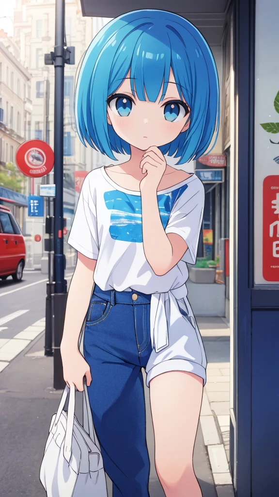 (masterpiece), (best quality), perfect face,(Blue three white eyes:1.5) (bob hair),Casual Spring Fashion,soro,1girl,(look at viewer),
