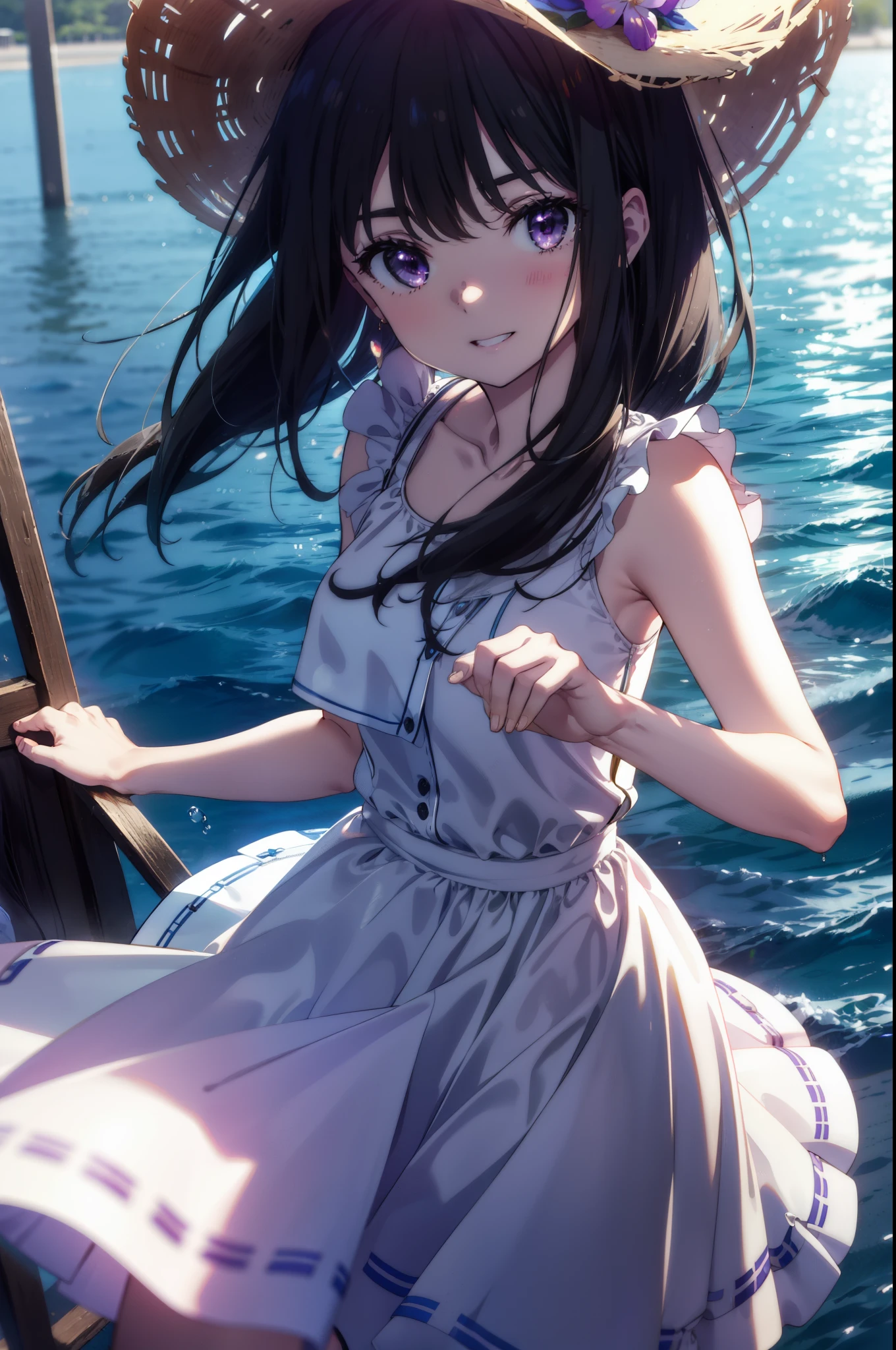 Takiuchi, Inoue Check, Long Hair, bangs, Black Hair, (Purple eyes:1.2),happy smile, smile, Open your mouth,smile,blush,Blue long skirt dress,Sleeveless,Bare arms,Rocket Pendant,Cute Sandals,White Hat,real summer,sunny,As if your whole body is in the illustration,
break outdoors, Coastal Road,
break looking at viewer, (Cowboy Shot:1.5),
break (masterpiece:1.2), highest quality, High resolution, unity 8k wallpaper, (shape:0.8), (Beautiful details:1.6), Highly detailed face, Perfect lighting, Extremely detailed CG, (Perfect hands, Perfect Anatomy),