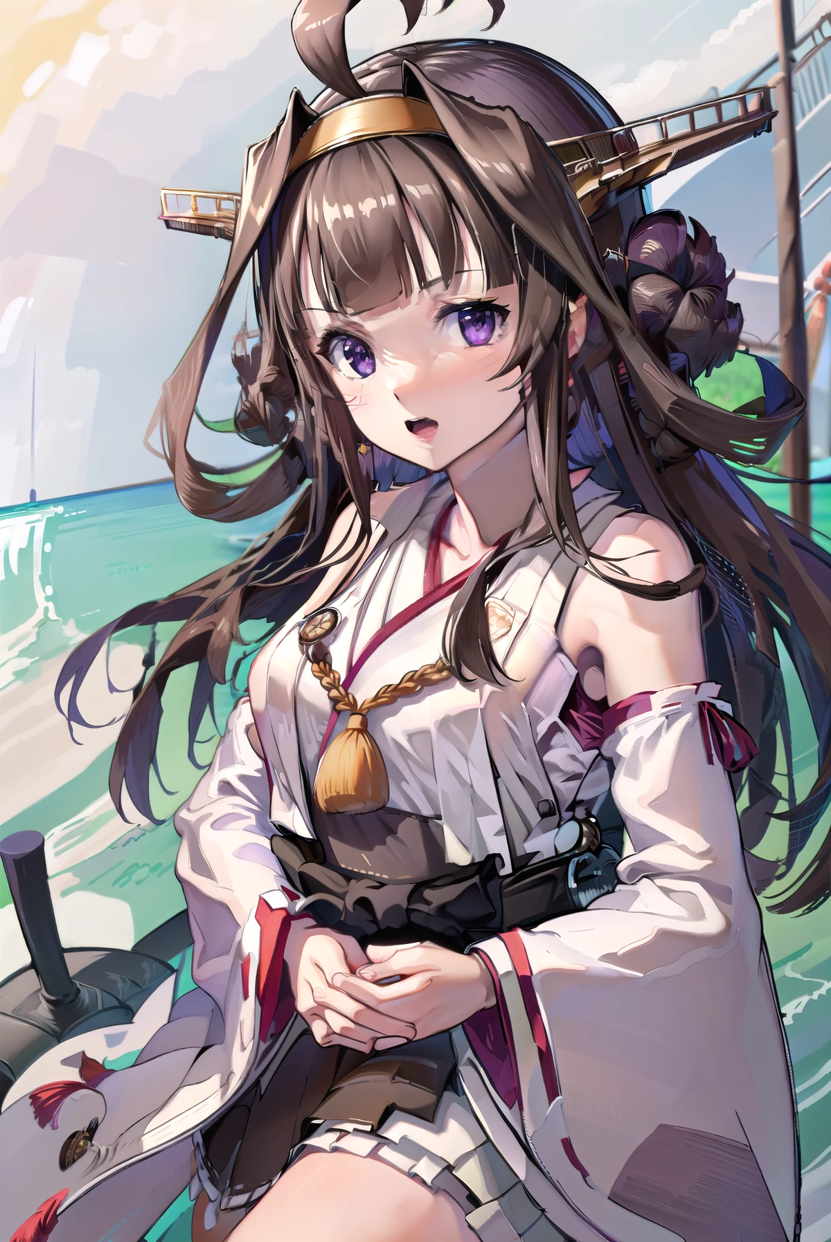 Ship Kongo, kongou, Ahoge, Brown Hair, Double good, Hair Bun, hair band, headgear, Long Hair, (Purple eyes:1.1), 
break boots, Removable sleeves, kimono, Non-traditional Shrine Maiden, Ribbon trim, Sleeves edged with ribbon, Thigh-high boots, Wide sleeves,
break looking at viewer, 
break outdoors, Beach,
break (masterpiece:1.2), highest quality, High resolution, unity 8k wallpaper, (shape:0.8), (Beautiful details:1.6), Highly detailed face, Perfect lighting, Extremely detailed CG, (Perfect hands, Perfect Anatomy),