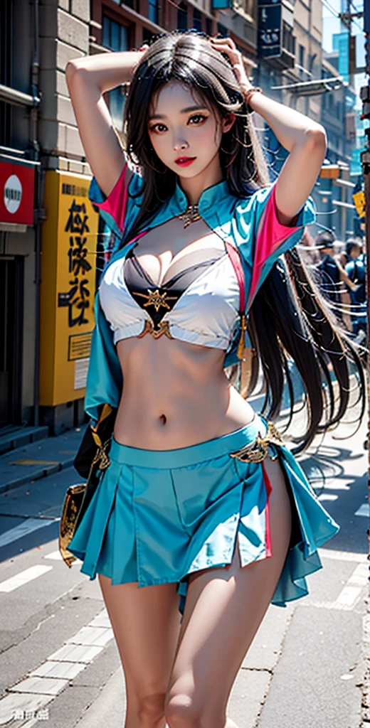 photorealistic, high resolution, soft light, 1women, solo, hips up, dynamic pose, shining skin, jewelry, street wear, t-shirt, skirt