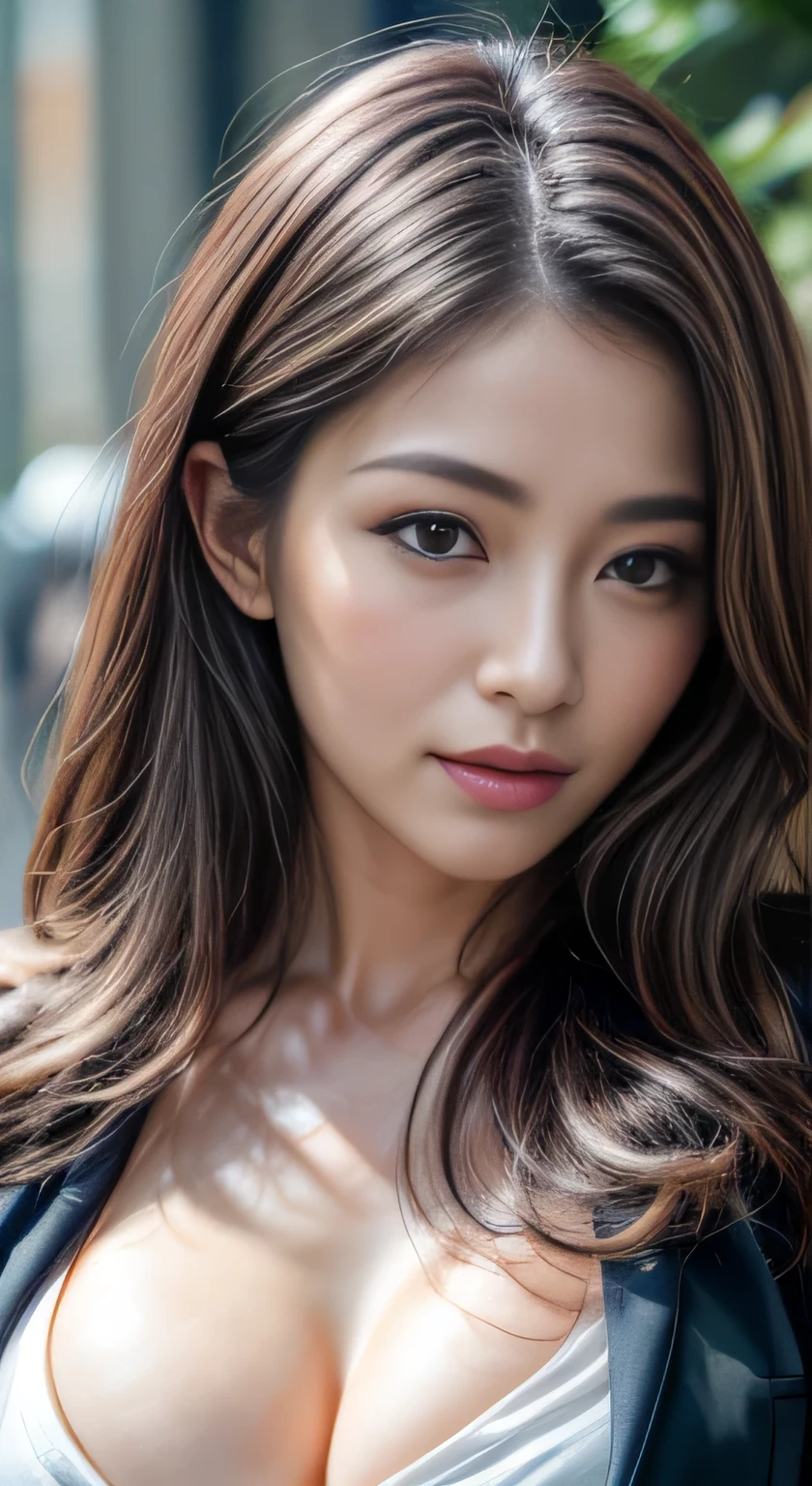 ((highest quality、8k、masterpiece:1.3))、Sharp focus:1.2、Beautiful woman with perfect style:1.4、Slim Abs:1.2、((Dark brown hair、Huge boobs:1.2))、(Natural soft light、City Street:1.1)、Highly detailed face and skin texture、Detailed eyes、double eyelid、Sexy secretary in a tight mile、Open shirt、Sexy Costumes