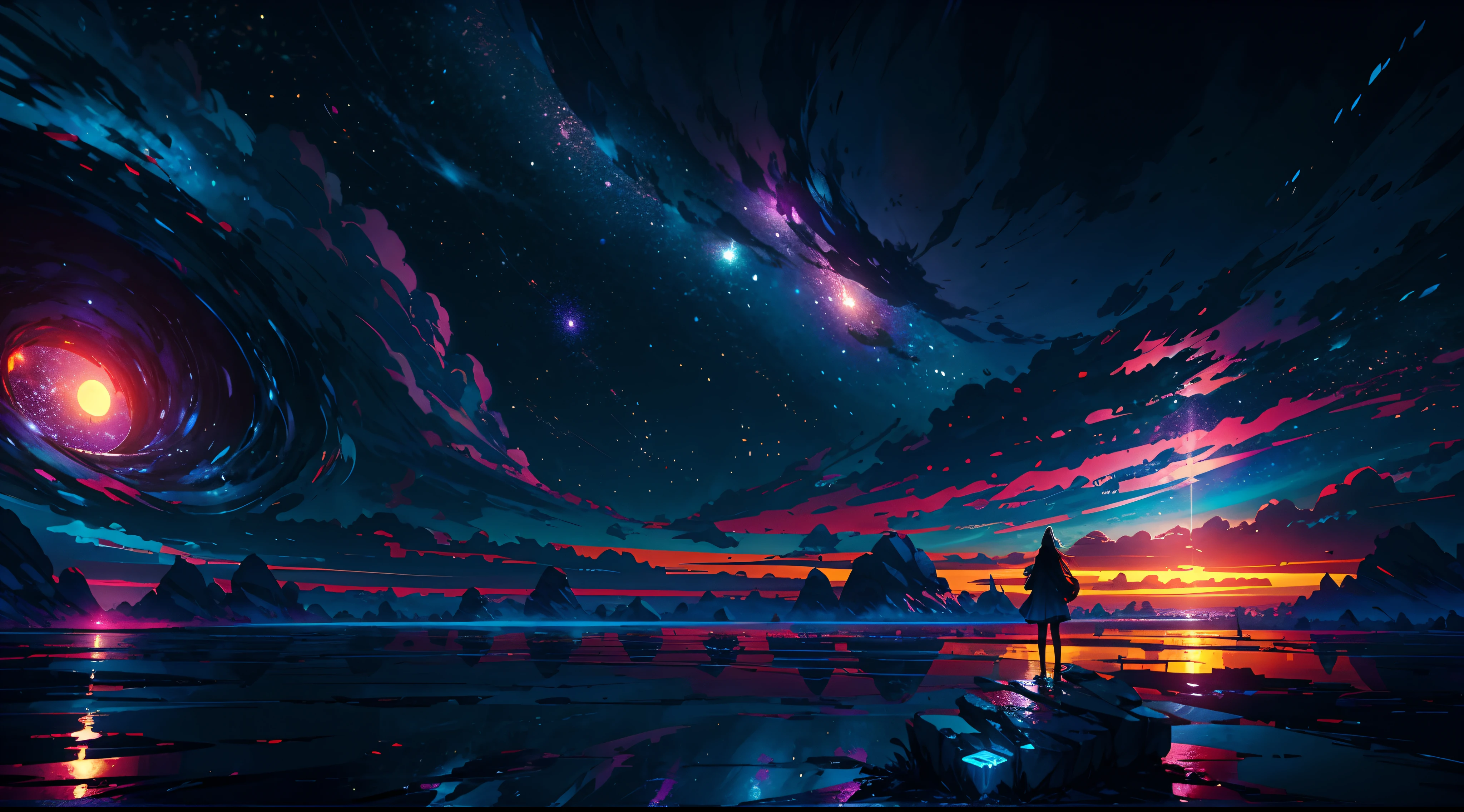 Anime girl standing on a rock looking at iridescent sky, makoto shinkai cyril rolando, anime art wallpaper 4k, anime art wallpaper 4k, Anime art wallpaper 8k, cosmic sky. by makoto shinkai, inspired by Cyril Rolando, in the style dan mumford artwork, amazing wallpapers, by Yuumei