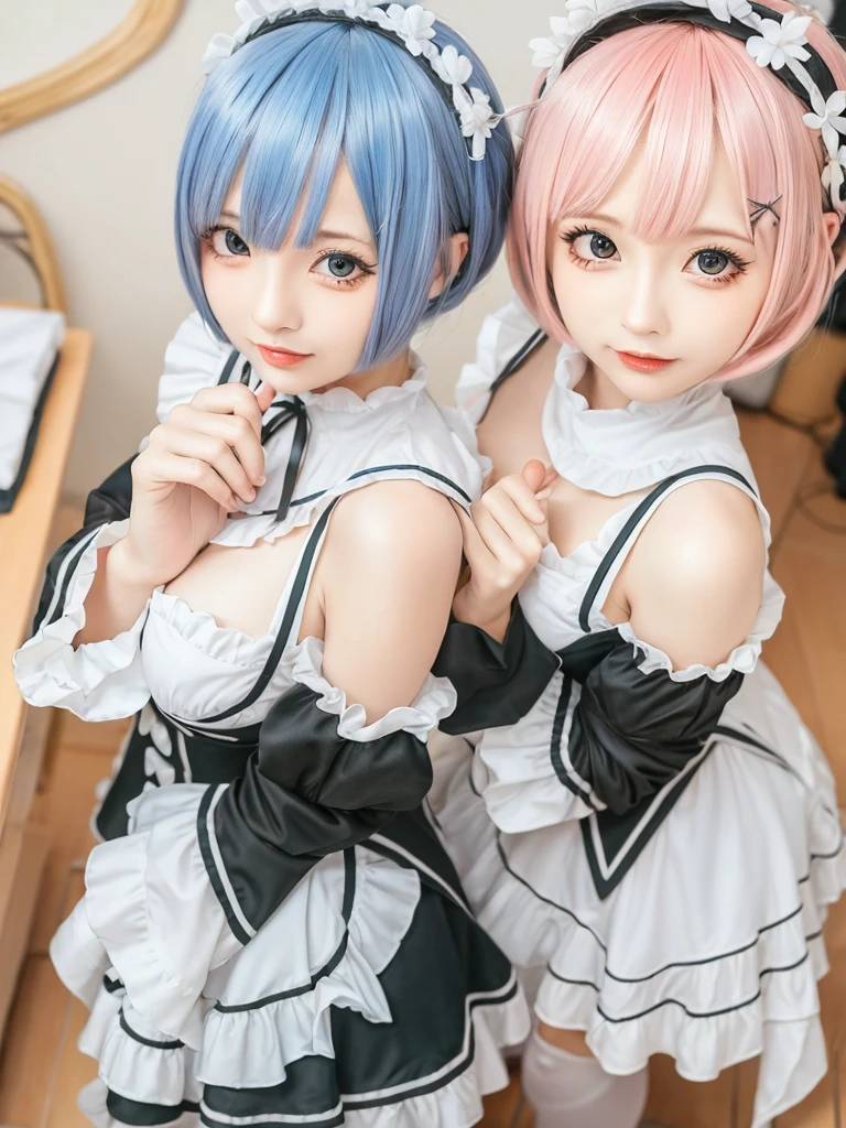 (8K, Photorealistic, Raw photo, of the highest quality: 1.3), (1girl in), Super beautiful, (Realistic face), (boyish, light blue Color Berry Shorthair),(8K, Photorealistic, Raw photo, of the highest quality: 1.3), (1girl in), Super beautiful, (Realistic face), (boyish, pink Color Berry Shorthair), Beautiful , Glare that captivates the viewer, Beautiful expression, Beautiful breasts, (Realistic skin), Be...Create a detailed and colorful image of Ram and Rem from Re:Zero, standing back-to-back in their maid outfits, with a magical fantasy background、14years old, two girls,cute, perfect face, beautiful, nice body, gothic lolita clothes, gothic lolita fashion, frilly skirt, headdress, necklace, bracelet, knee-high socks, boots, double eyelids, tear bags, Detailed down to the fingers, photo-like description, indoors, dim indoor lighting, one girl is pink hair and short bob, another girl is light blue hair and short bob,standing, whole body, composition that shows the whole body, smiling,The Both of them are wearing the same type of maid outfit