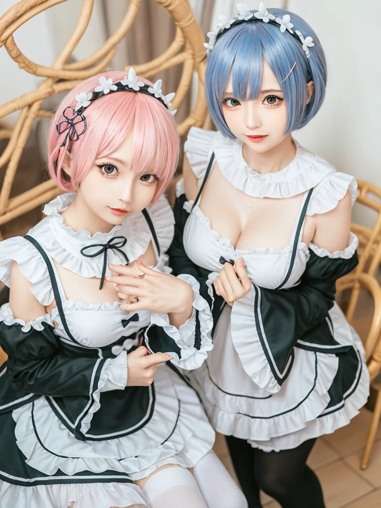 (8K, Photorealistic, Raw photo, of the highest quality: 1.3), (1girl in), Super beautiful, (Realistic face), (boyish, light blue Color Berry Shorthair),(8K, Photorealistic, Raw photo, of the highest quality: 1.3), (1girl in), Super beautiful, (Realistic face), (boyish, pink Color Berry Shorthair), Beautiful , Glare that captivates the viewer, Beautiful expression, Beautiful breasts, (Realistic skin), Be...Create a detailed and colorful image of Ram and Rem from Re:Zero, standing back-to-back in their maid outfits, with a magical fantasy background、14years old, two girls,cute, perfect face, beautiful, nice body, gothic lolita clothes, gothic lolita fashion, frilly skirt, headdress, necklace, bracelet, knee-high socks, boots, double eyelids, tear bags, Detailed down to the fingers, photo-like description, indoors, dim indoor lighting, one girl is pink hair and short bob, another girl is light blue hair and short bob,standing, whole body, composition that shows the whole body, smiling,The Both of them are wearing the same type of maid outfit