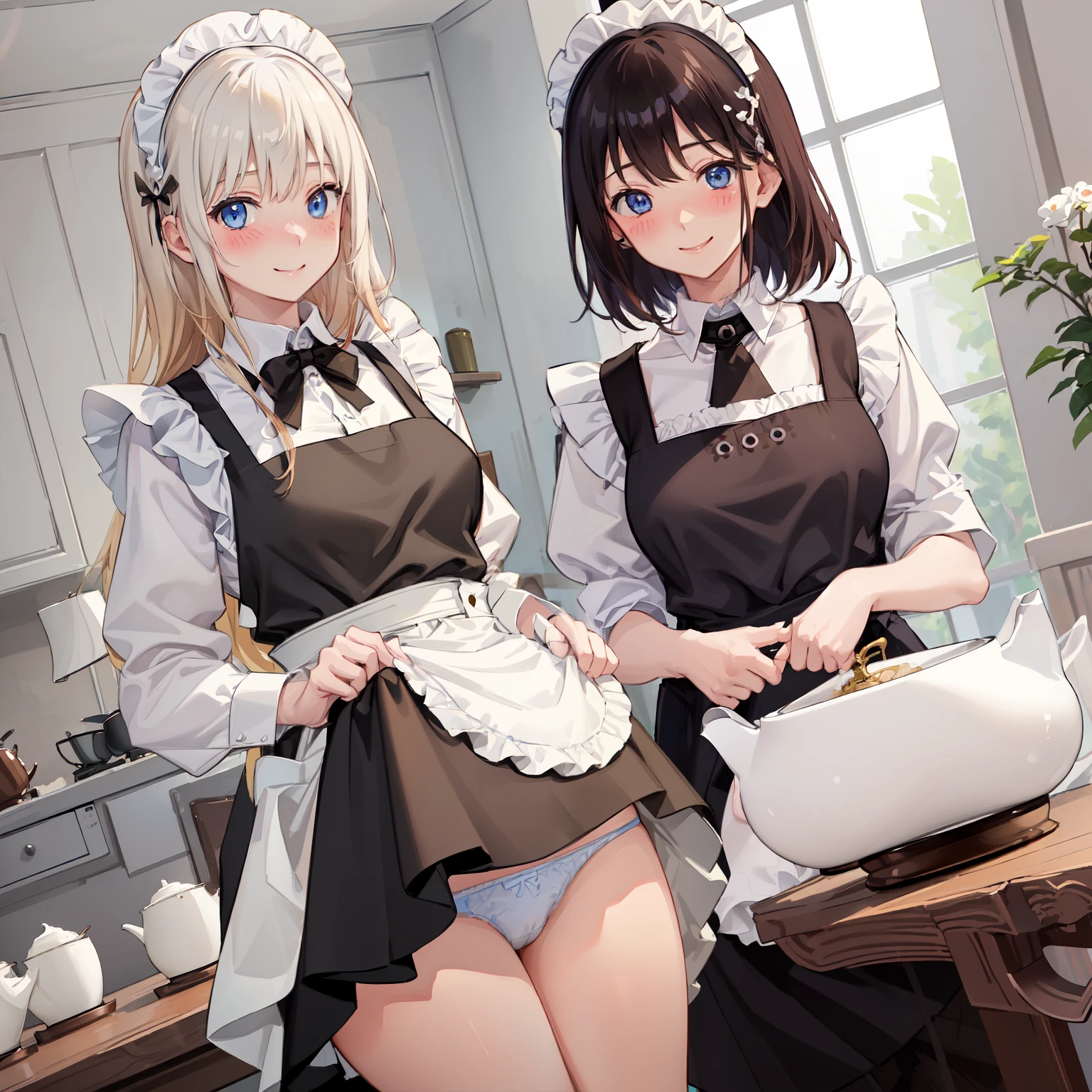 highest quality、masterpiece、((2 girls))、((smile:1.3))、(blush:1.3)、Black Shirt、blouse、((fun!!))、(Small breasts)、()、Blonde、()、((White apron:1.5))、((Maid))、((hair ornaments)),、Kamimei、look at me、 ((in house:1.5))、 Taking a break from watching the audience、Cowboy Shot、(Skirt lift:1.3),(Highly detailed white panties:1.3)、(Highly detailed panties:1.3)、、(スカート that rolls up:1.3)、(Panties fully exposed:1.5)、Light blue eyes、long hair、