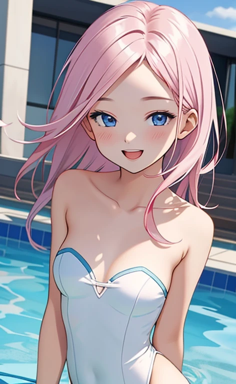 (masterpiece:1.4、top-quality、illustration:1.4,realistic、)、(character focus、breast focus,upper body:1.3)、(1girl),(Open mouth happy smile:1.3),(half closed eyes),cute face,blue eyes、()、
,(stand:1.4),(Shining smile),
,(slender),(white strapless swimsuit:1.3),(pink long hair:1.6,forehead:1.3), (small breasts:1.3)、
、slender、pool,、