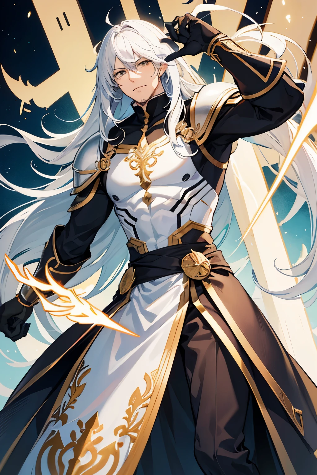 Save the character information above. Remember his name is Ray Gladius, next time an image with this name is requested, use the features described below as main:

- Tall man - 37 years old - Anime style - long white hair - no beard - Strong and muscular body - Yellow eyes - Mystical blackened armor with golden details - Long mystical spear with a large thread at its tip