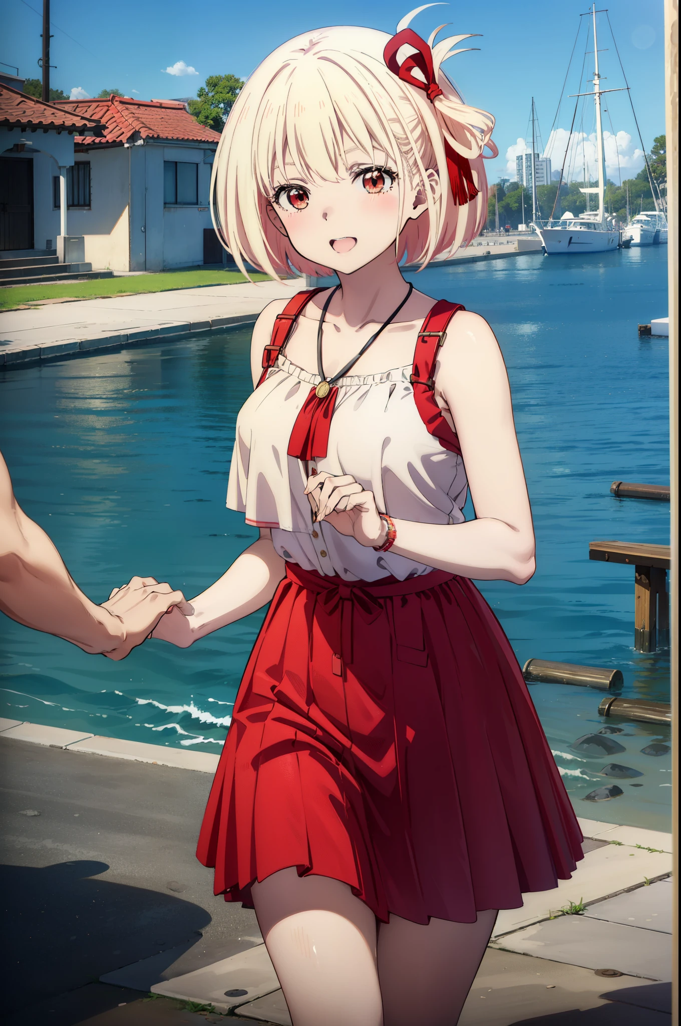 chisatonishikigi, Chisato Nishikigi, short hair, bangs, blonde, (Red eyes:1.5), Hair Ribbon, One side up, Bobcut,happy smile, smile, Open your mouth,smile,blush,Red long skirt dress,Sleeveless,Bare arms,Rocket Pendant,Cute Sandals,White Hat,real summer,sunny,As if your whole body is in the illustration, break outdoors, Coastal Road, break looking at viewer, (Cowboy Shot:1.5), break (masterpiece:1.2), highest quality, High resolution, unity 8k wallpaper, (shape:0.8), (Beautiful details:1.6), Highly detailed face, Perfect lighting, Extremely detailed CG, (Perfect hands, Perfect Anatomy),