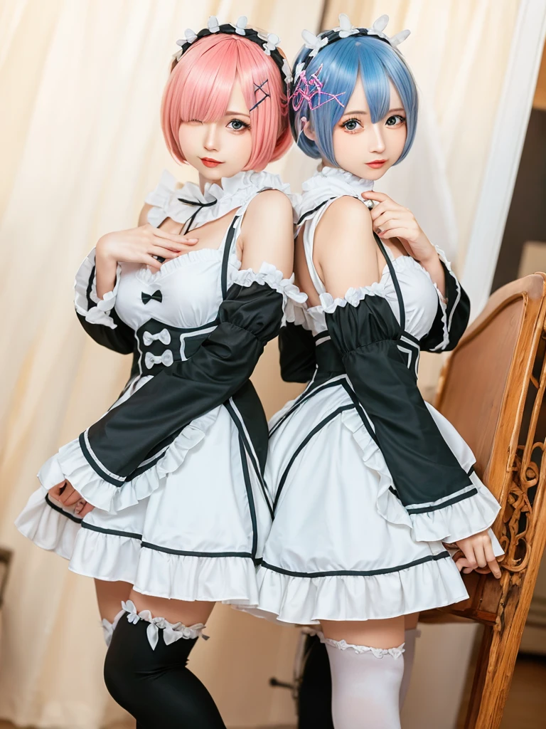 (8K, Photorealistic, Raw photo, of the highest quality: 1.3), (1girl in), Super beautiful, (Realistic face), (boyish, light blue Color Berry Shorthair),(8K, Photorealistic, Raw photo, of the highest quality: 1.3), (1girl in), Super beautiful, (Realistic face), (boyish, pink Color Berry Shorthair), Beautiful , Glare that captivates the viewer, Beautiful expression, Beautiful breasts, (Realistic skin), Be...Create a detailed and colorful image of Ram and Rem from Re:Zero, standing back-to-back in their maid outfits, with a magical fantasy background、14years old, two girls,cute, perfect face, beautiful, nice body, gothic ta clothes, gothic loliashion, frilly skirt, headdress, necklace, bracelet, knee-high socks, boots, double eyelids, tear bags, Detailed down to the fingers, photo-like description, indoors, dim indoor lighting, one girl is pink hair and short bob, another girl is light blue hair and short bob,standing, whole body, composition that shows the whole body, smiling,The Both of them are wearing the same type of maid outfit