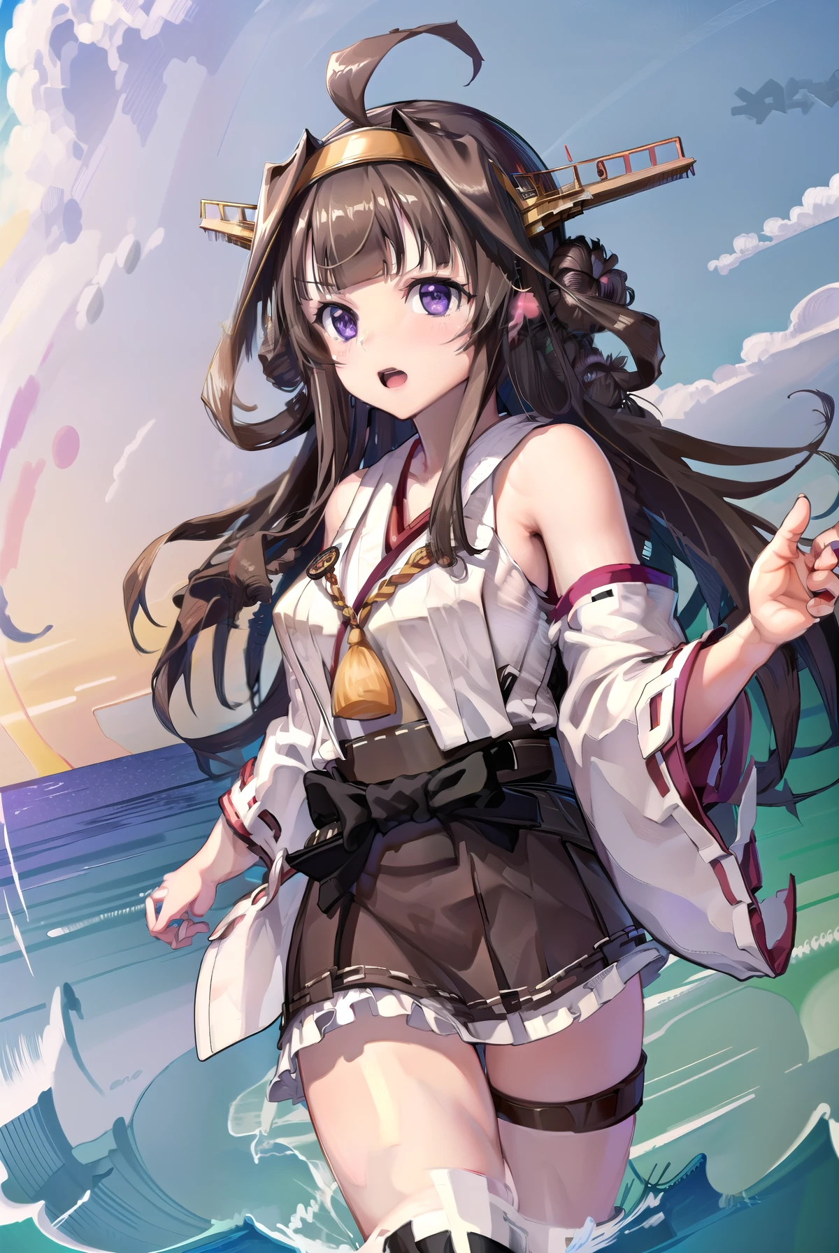 Ship Kongo, kongou, Ahoge, Brown Hair, Double good, Hair Bun, hair band, headgear, Long Hair, (Purple eyes:1.1), 
break boots, Removable sleeves, kimono, Non-traditional Shrine Maiden, Ribbon trim, Sleeves edged with ribbon, Thigh-high boots, Wide sleeves,
break looking at viewer, 笑顔
break outdoors, Beach,
break (masterpiece:1.2), highest quality, High resolution, unity 8k wallpaper, (shape:0.8), (Beautiful details:1.6), Highly detailed face, Perfect lighting, Extremely detailed CG, (Perfect hands, Perfect Anatomy),