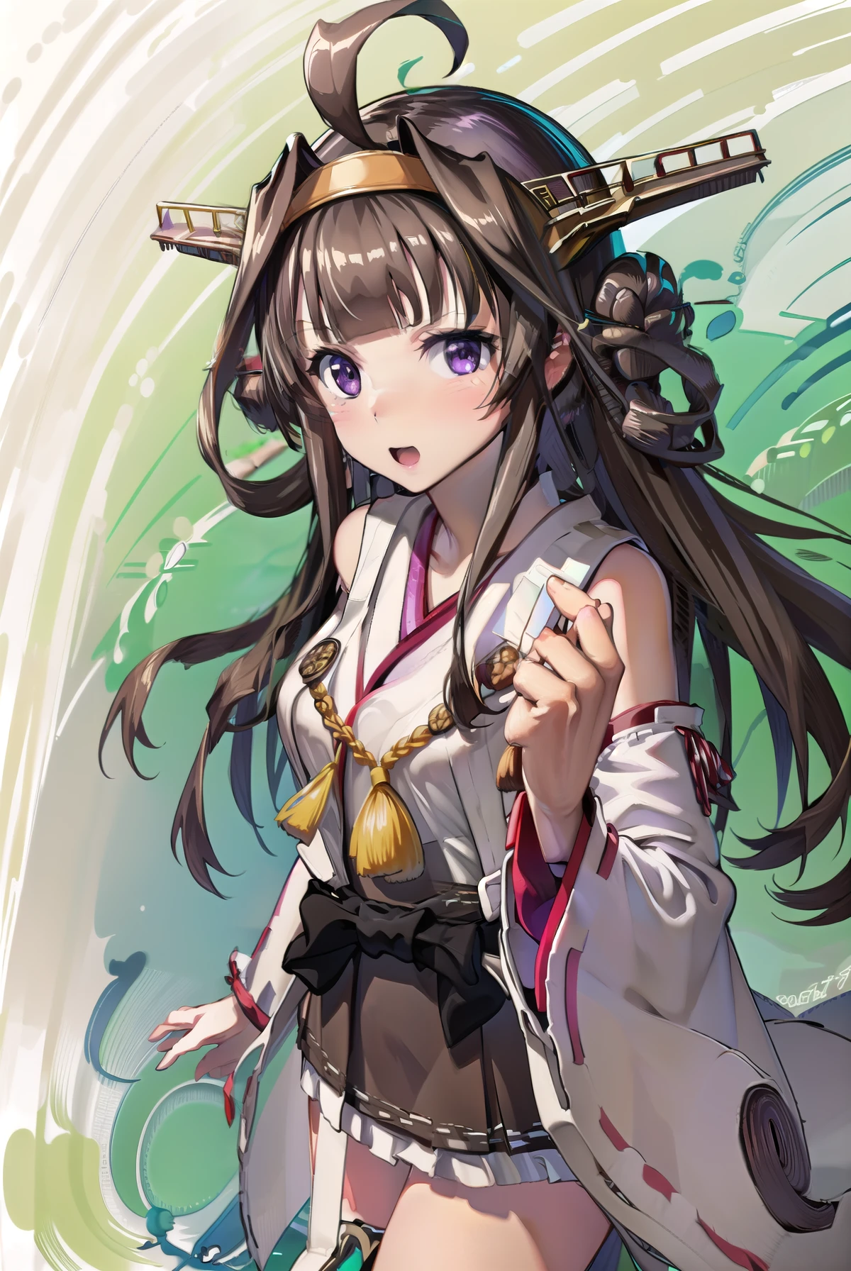 Ship Kongo, kongou, Ahoge, Brown Hair, Double good, Hair Bun, hair band, headgear, Long Hair, (Purple eyes:1.1), 
break boots, Removable sleeves, kimono, Non-traditional Shrine Maiden, Ribbon trim, Sleeves edged with ribbon, Thigh-high boots, Wide sleeves,
break looking at viewer, 笑顔
break outdoors, Beach,
break (masterpiece:1.2), highest quality, High resolution, unity 8k wallpaper, (shape:0.8), (Beautiful details:1.6), Highly detailed face, Perfect lighting, Extremely detailed CG, (Perfect hands, Perfect Anatomy),