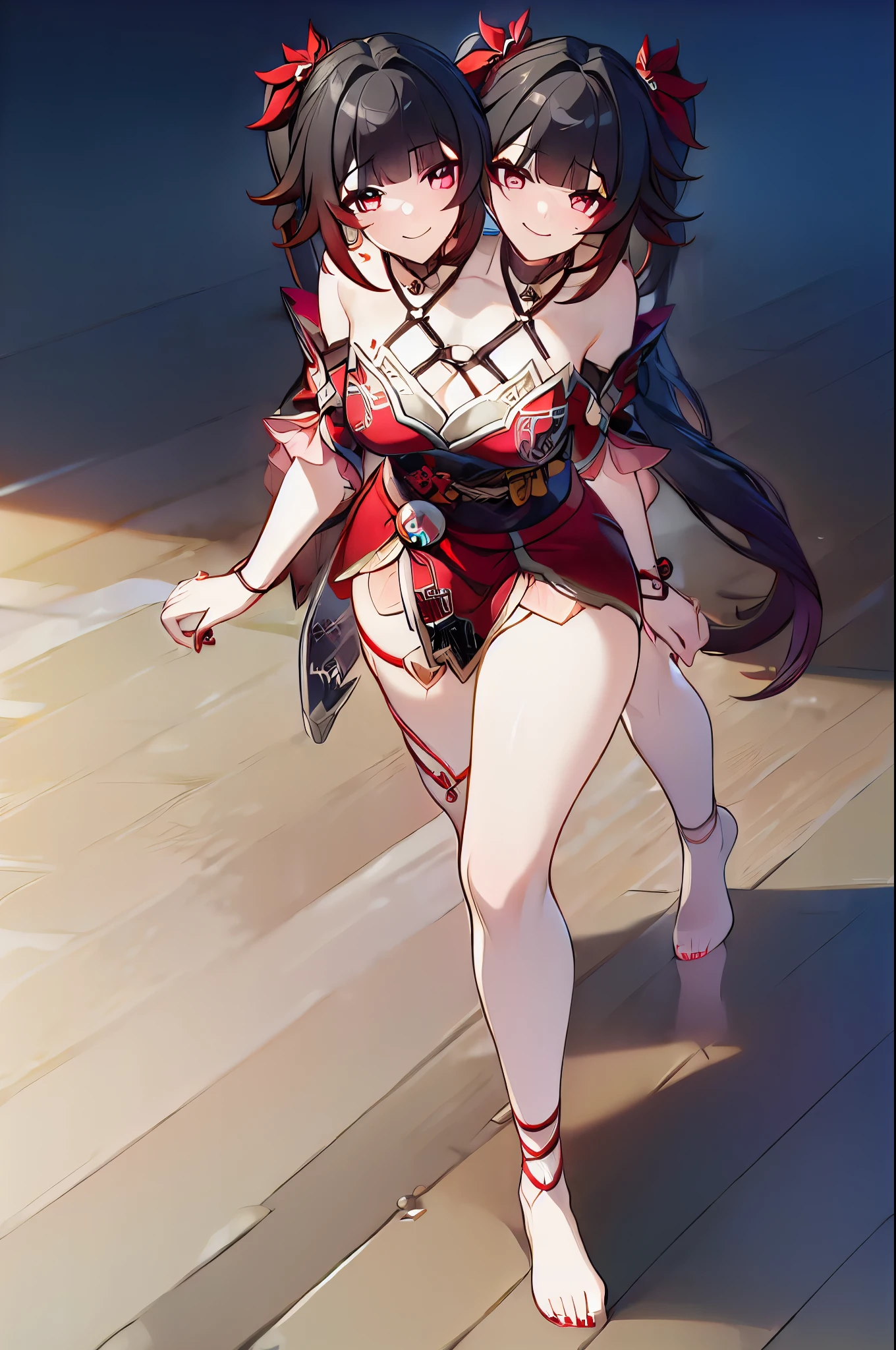 (2heads:1.5), 4k, 8k, absurdres, ((masterpiece,best quality)), 1girl, sparklehsr, walking, bracelet, thigh strap, barefoot, knee up, smile, red nails