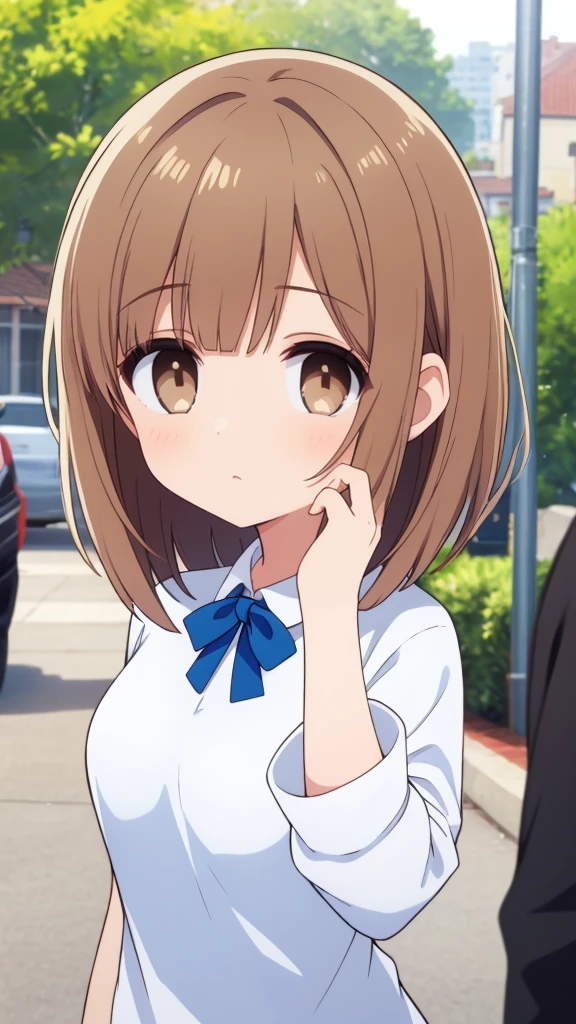 (masterpiece), (best quality), perfect face,(Three white eyes:1.5) (brown bob hair),Casual Spring Fashion,soro,1girl,(look at viewer),