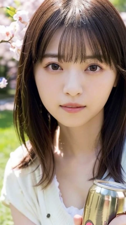 (highest quality,masterpiece:1.3,Ultra-high resolution),(Very detailed,Caustics,8k),(Realistic:1.4,RAW shooting),1 girl,Sit on the grass,(Holding a can of beer in your hand),(smile),(blush),(Watery eyes),Looking into the camera,Age 25,cute,Japanese,Wavy long hair、,(Knitwear),Micro Mini Skirt,glamorous,(Huge Breasts、Saggy breasts、Deep cleavage),(breast focus),(close up of breasts)､darkness,Cherry tree,Illuminated night cherry blossoms,Professional Writing,(Waist up shot),(Low position),(Low Angle)、Her face is perfect, Nanase Nishino