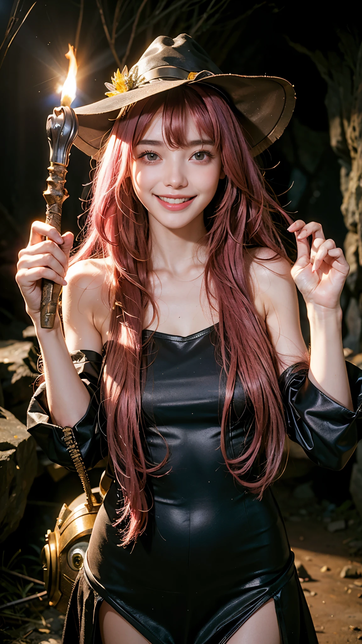 highest quality, masterpiece, Ultra-high resolution, (Realistic:1.4), (Close-up portrait) RAW Photos, 1 girl,20-year-old,((Witch Costume)),((Inside the cave)),((Helmet)),((Headlight)),((torches持って)),((Cave exploration)),,((Passionate pink haired gal&#39;s make-up)),((torches)),((Smooth and straight hair)),((Cap Chestnut)),((Bangs short)),Realistic,Picture Media Chest)),((Smiling with teeth showing)),((Big smile))