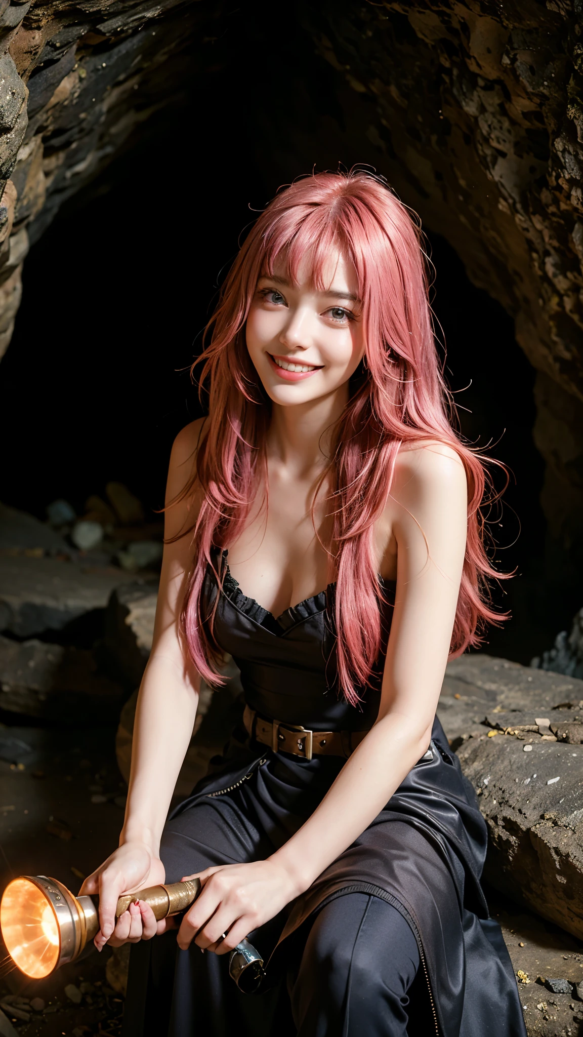 highest quality, masterpiece, Ultra-high resolution, (Realistic:1.4), (Close-up portrait) RAW Photos, 1 girl,20-year-old,((Inside the cave)),((Helmet)),((Headlight)),((torches持って)),((Cave exploration)),,((Passionate pink haired gal's make-up)),((torches)),((Smooth and straight hair)),((Cap Chestnut)),((Bangs short)),Realistic,Picture Media Chest)),((Smiling with teeth showing)),((Big smile))