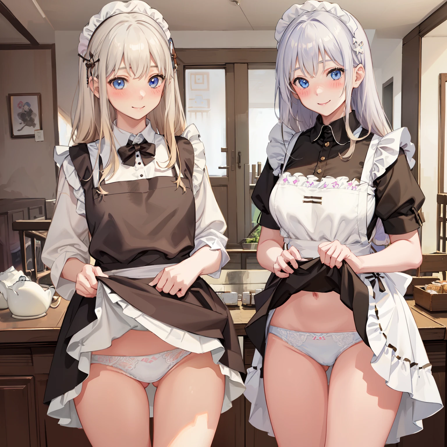 highest quality、masterpiece、((2 girls))、((smile:1.3))、(blush:1.3)、Black Shirt、blouse、((fun!!))、(Small breasts)、()、Blonde、()、((White apron:1.5))、((Maid))、((hair ornaments)),、Kamimei、look at me、 ((in house:1.5))、 Taking a break from watching the audience、Cowboy Shot、(Skirt lift:1.3),(Highly detailed white panties:1.3)、(Highly detailed panties:1.3)、、(スカート that rolls up:1.3)、(Panties fully exposed:1.5)、Light blue eyes、long hair、
