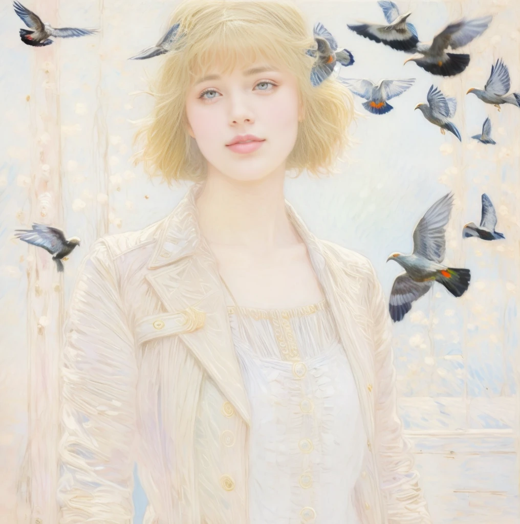 cloudy day, pigeons flying in the sky, Portrait of a 25-year-old girl with long blonde hair, dressed in a dress made of light material, rays of the sun, bromine art, image of an epic fantasy character, portrait of a character, fantasy art, works by Richard Schmid, A. Mucha, V. Volegova, impressionism, your love.